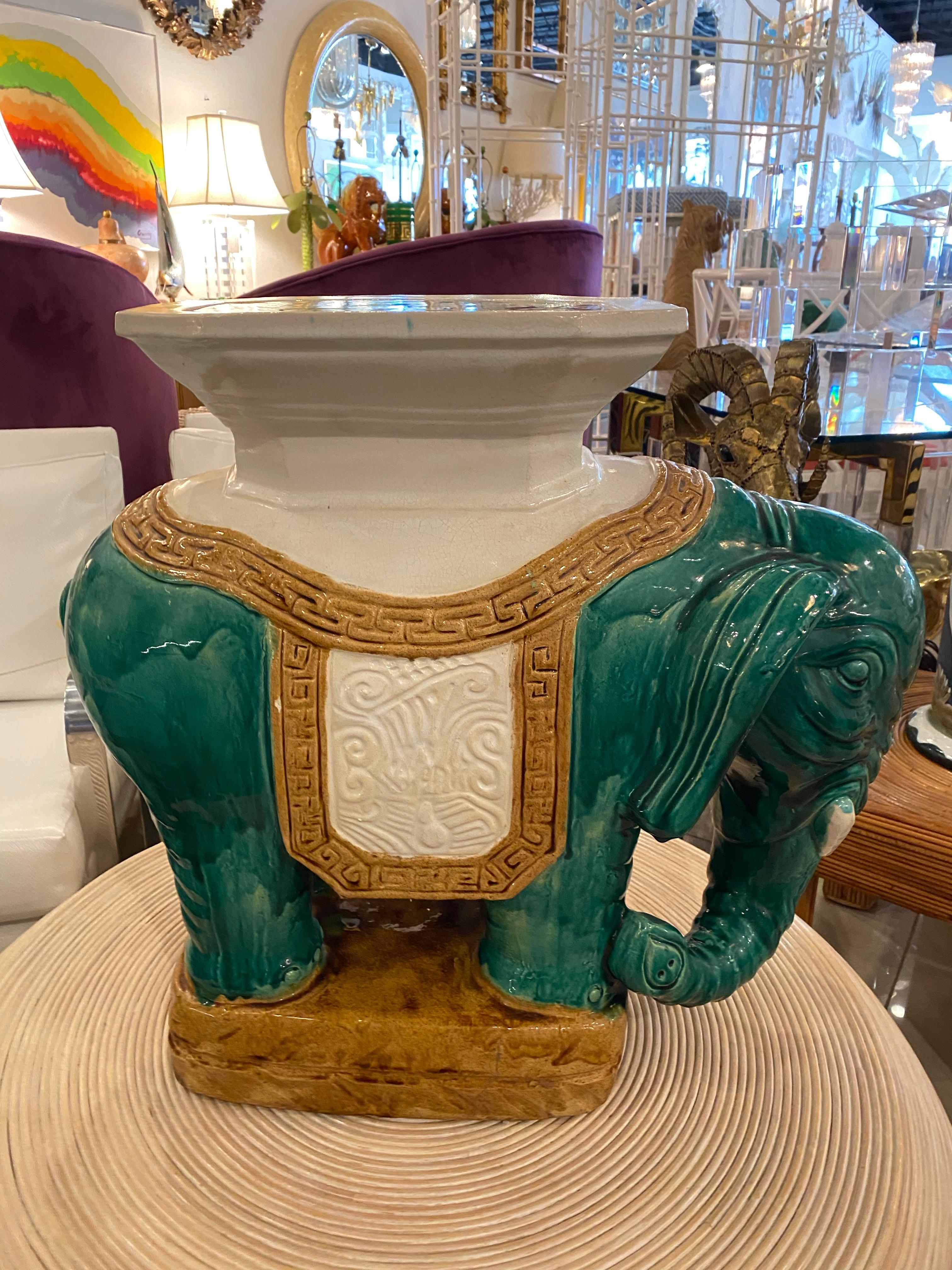 Ceramic Vintage Teal Green Garden Elephant Stool Stand Side Table