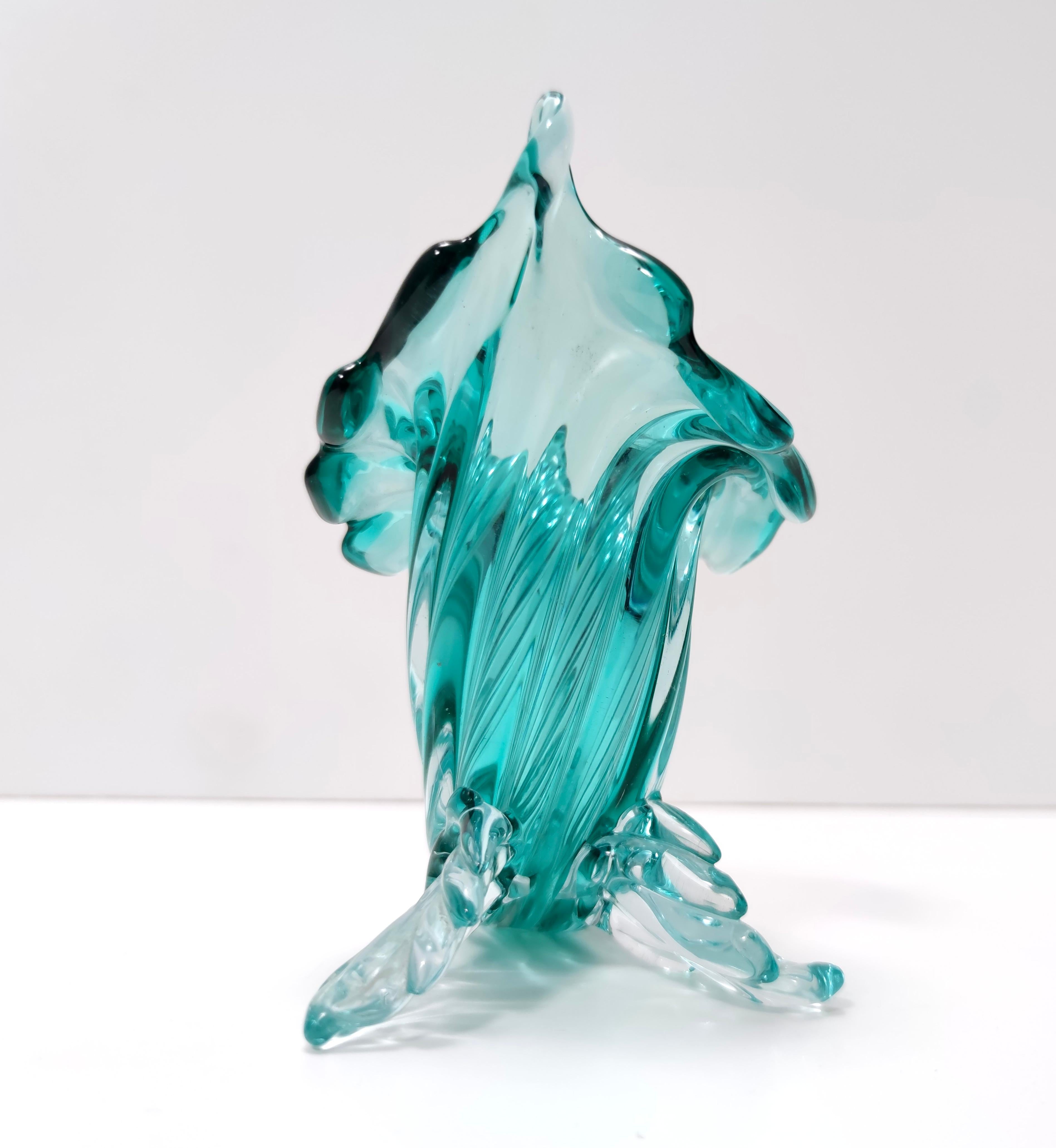 Vintage Teal Murano Glass Cornucopia Vase by Archimede Seguso, Italy For Sale 2