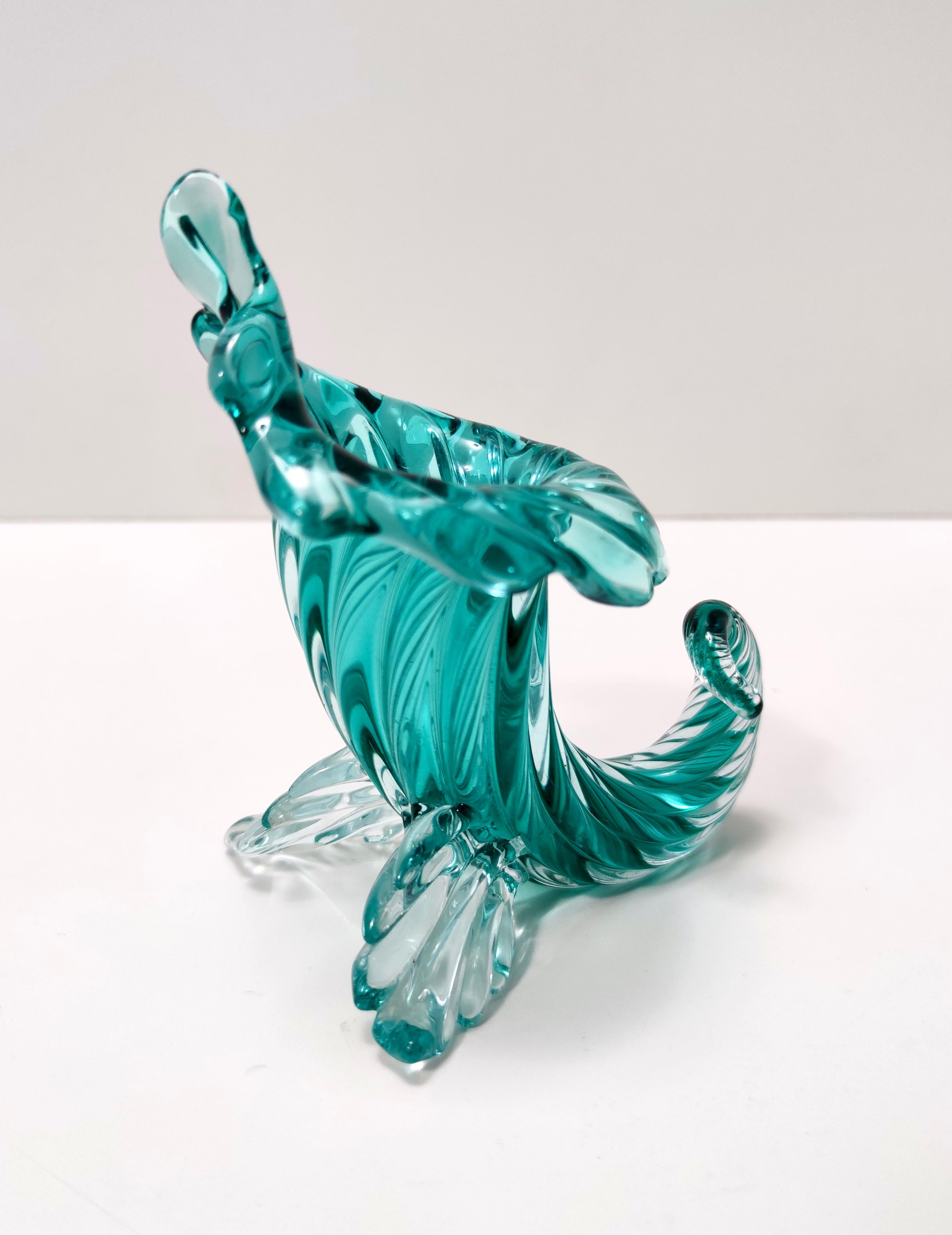 Vintage Teal Murano Glass Cornucopia Vase by Archimede Seguso, Italy For Sale 4
