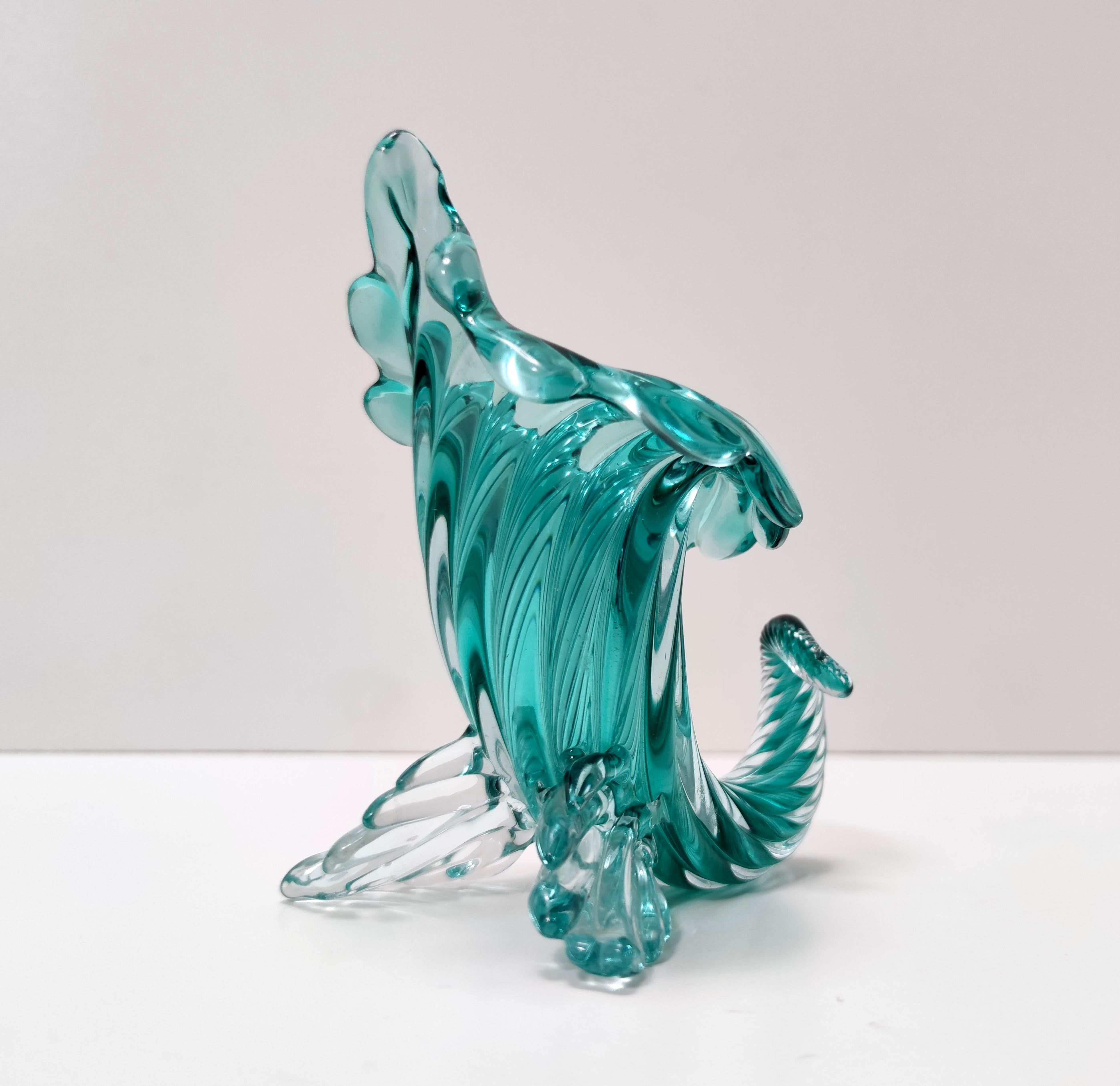 Vintage Teal Murano Glass Cornucopia Vase by Archimede Seguso, Italy In Excellent Condition For Sale In Bresso, Lombardy