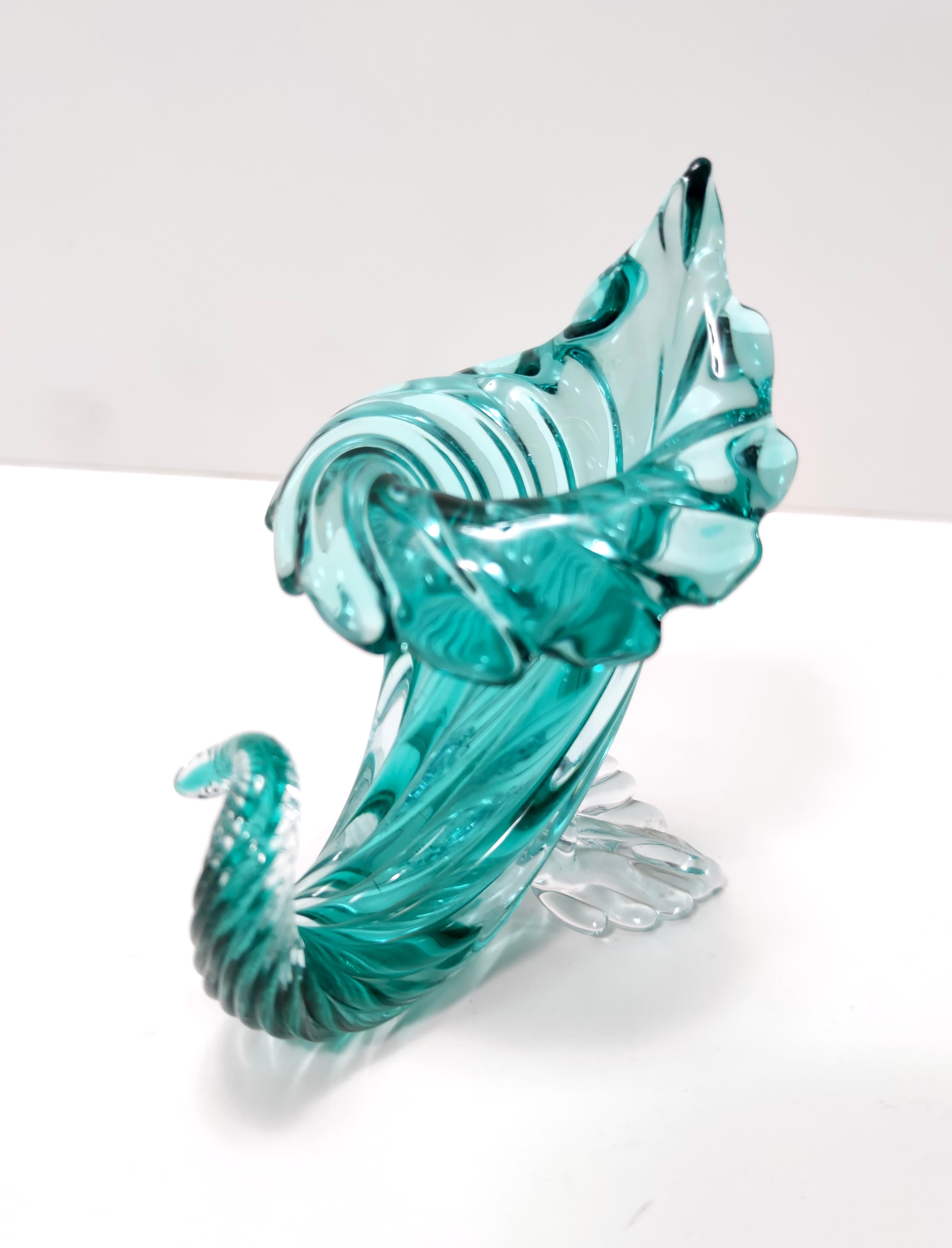 Vintage Teal Murano Glass Cornucopia Vase by Archimede Seguso, Italy For Sale 3