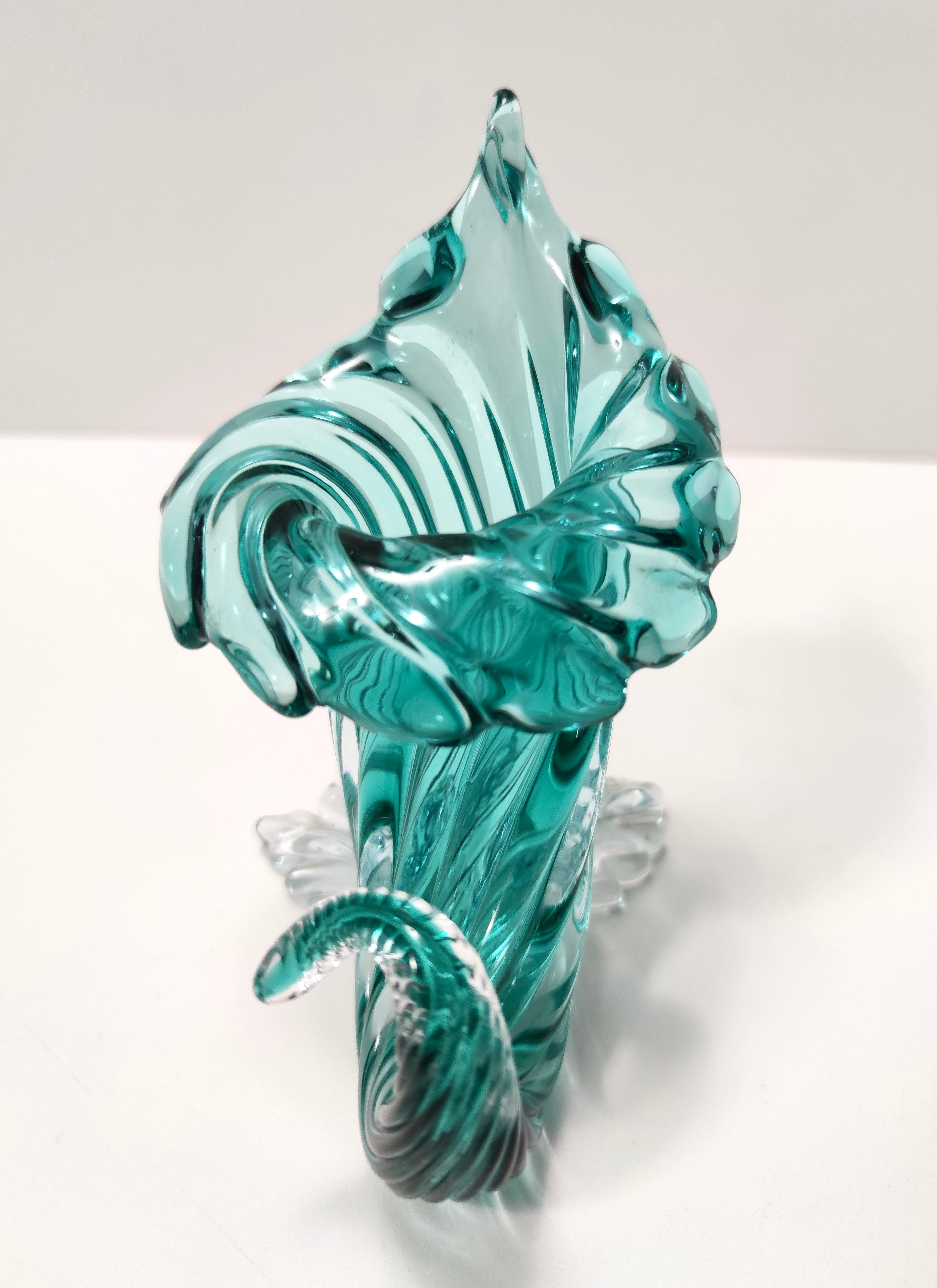 Vintage Teal Murano Glass Cornucopia Vase by Archimede Seguso, Italy For Sale 6