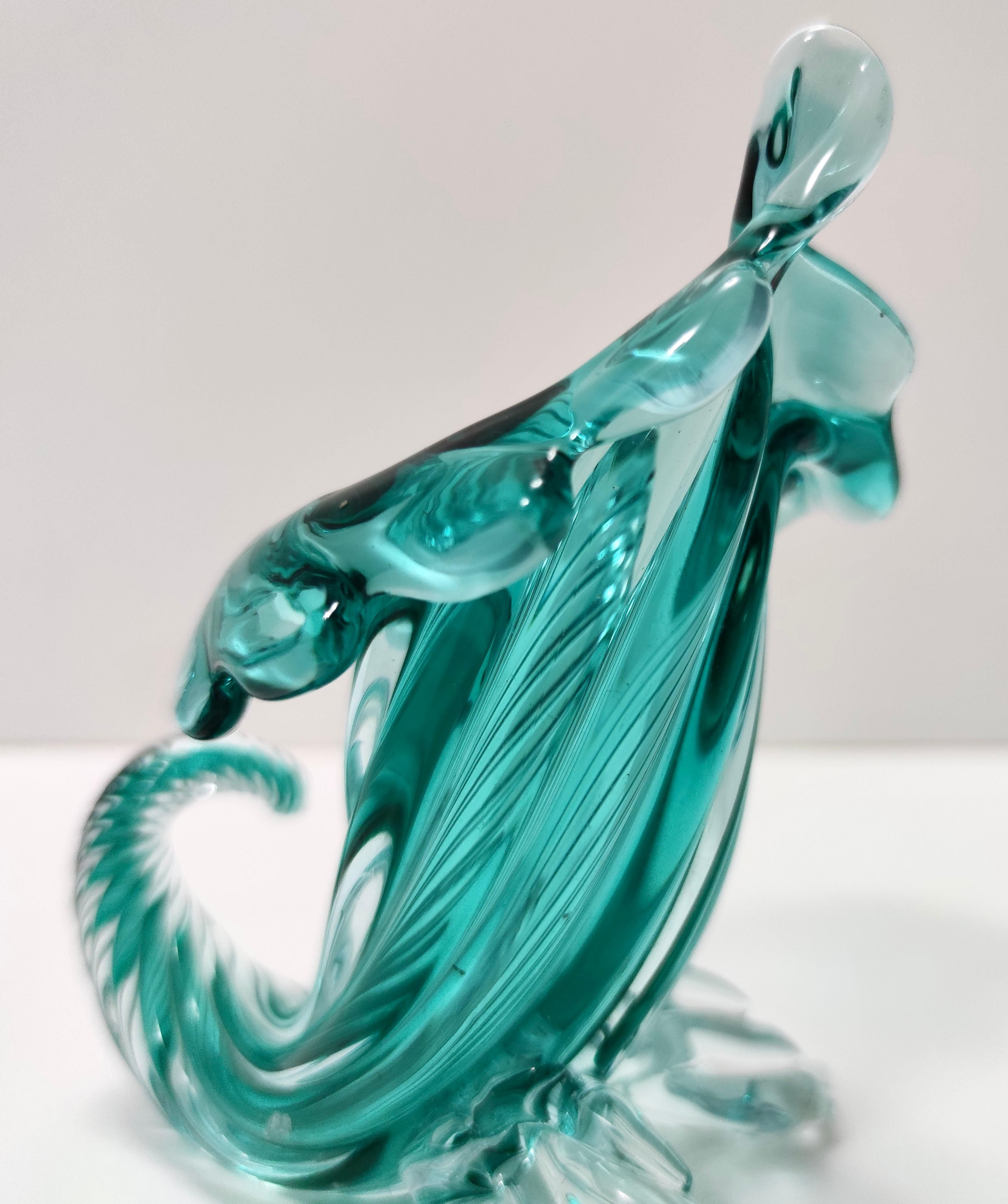 Vintage Teal Murano Glass Cornucopia Vase by Archimede Seguso, Italy For Sale 7