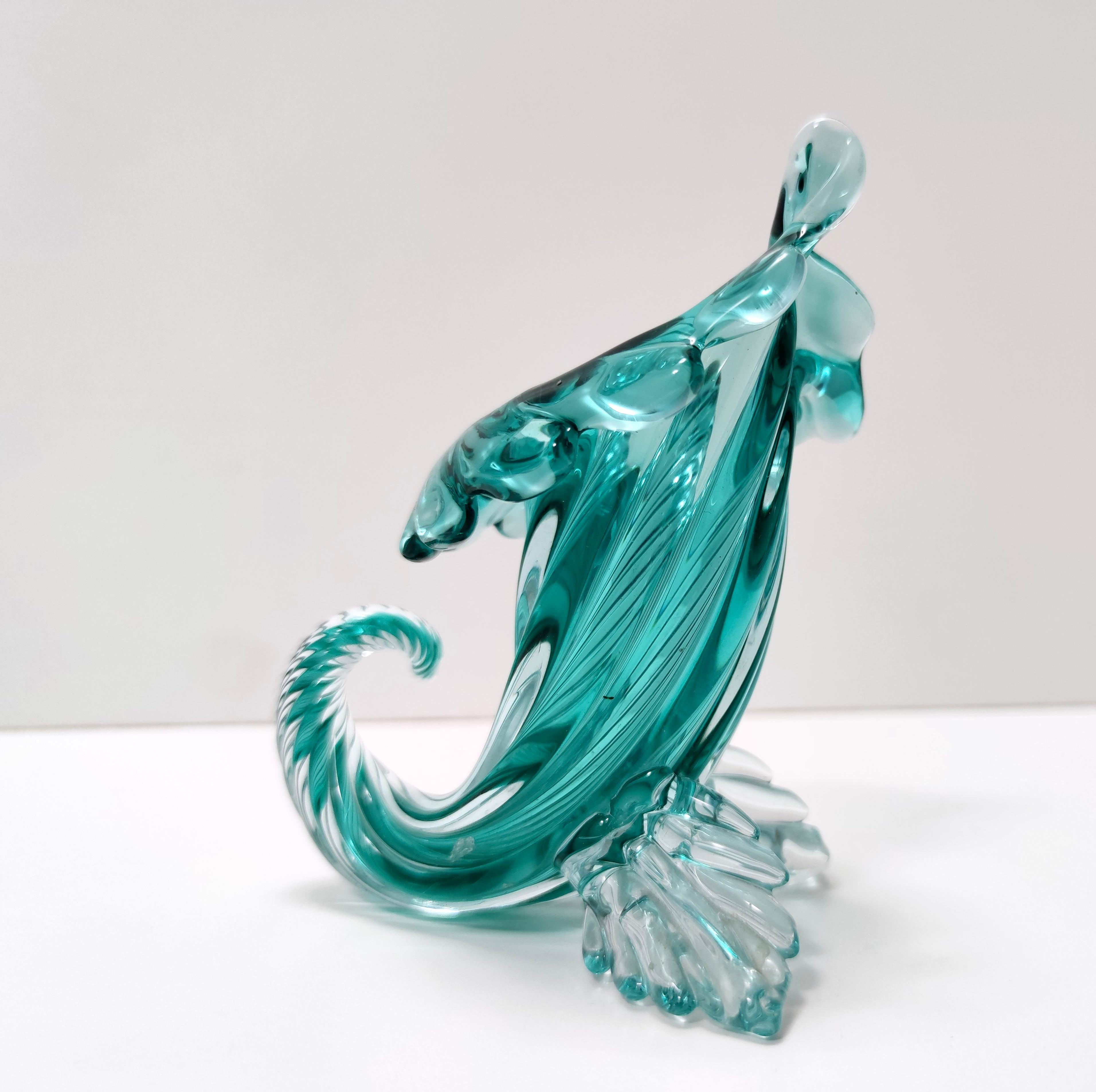 Mid-20th Century Vintage Teal Murano Glass Cornucopia Vase by Archimede Seguso, Italy For Sale
