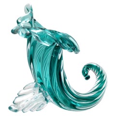 Vintage Teal Murano Glass Cornucopia Vase by Archimede Seguso, Italy