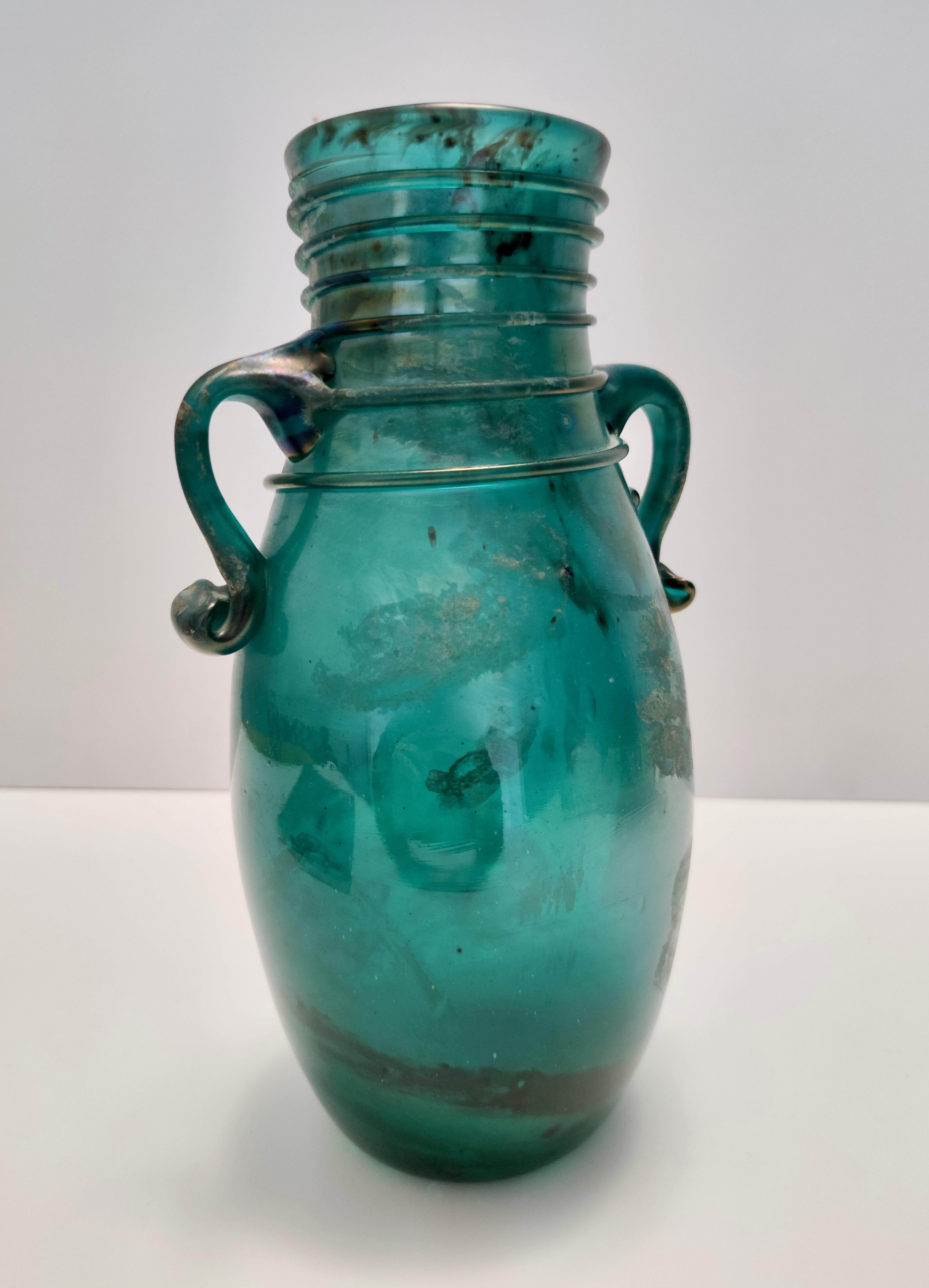 Italian Vintage Teal Scavo Glass Vase Ascribable to Seguso, Archeological style, Italy For Sale
