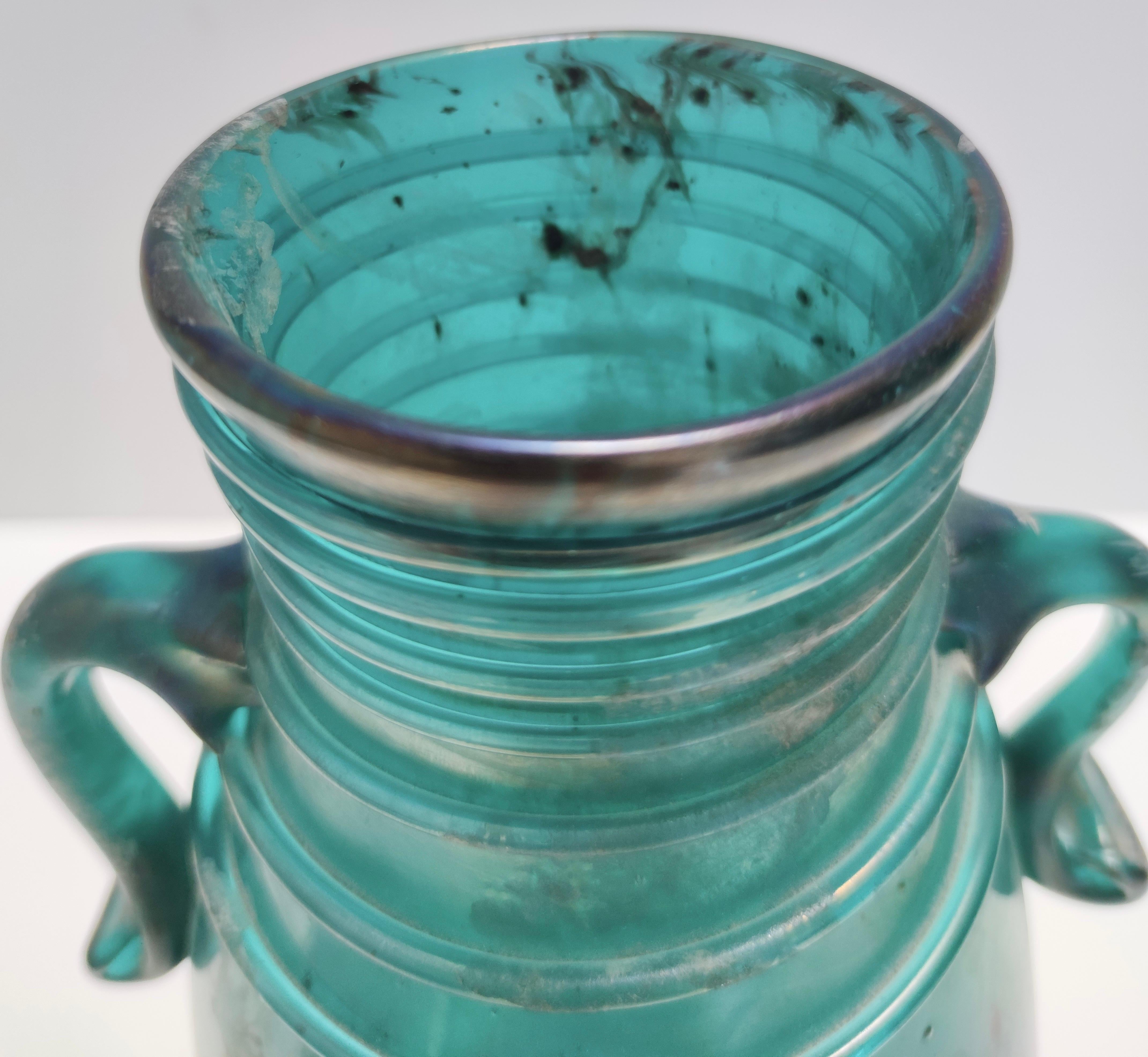 Mid-20th Century Vintage Teal Scavo Glass Vase Ascribable to Seguso, Archeological style, Italy For Sale