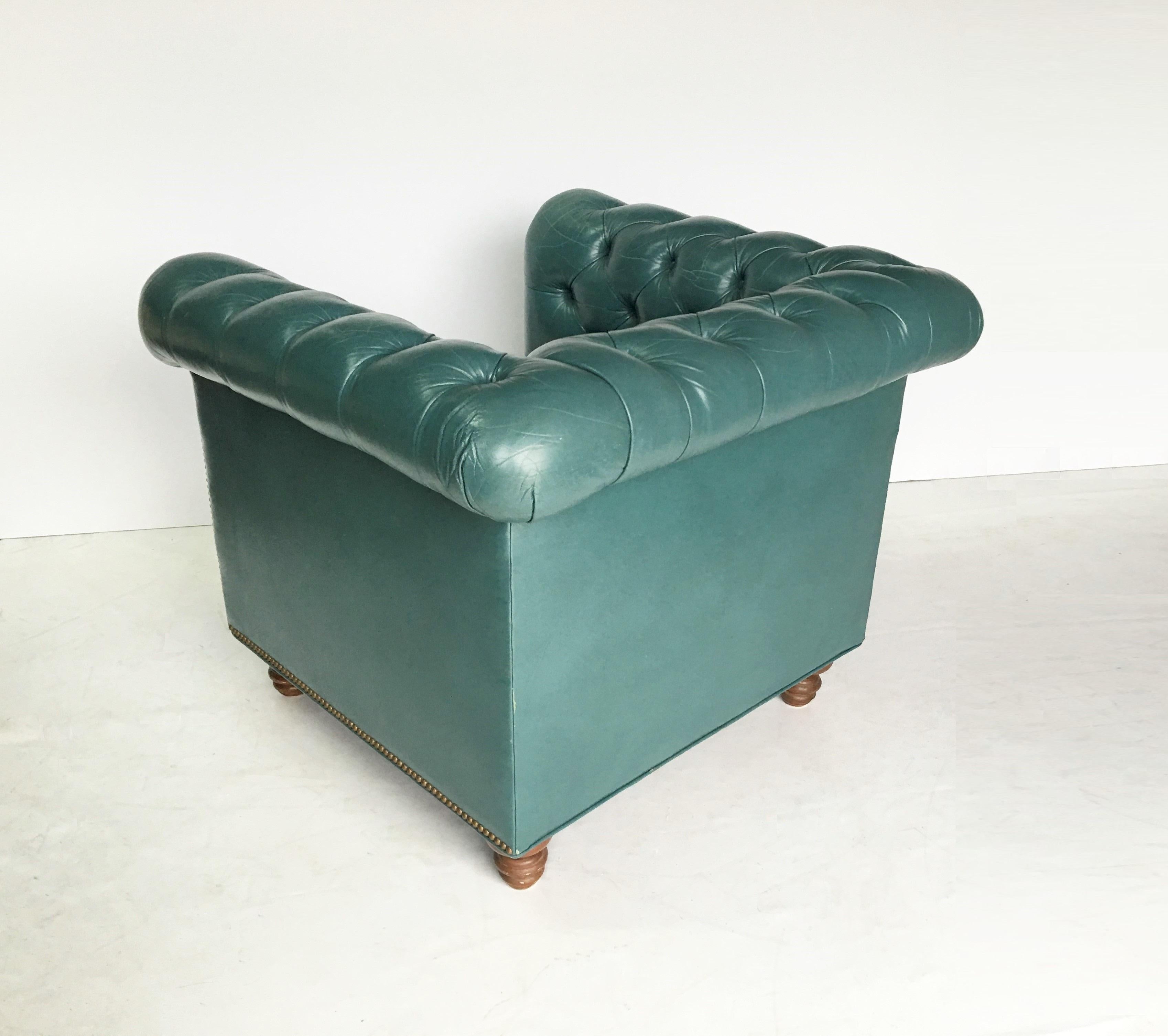 Vintage Teal Tufted Chesterfield Lounge Chairs In Good Condition In Dallas, TX
