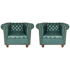 Vintage Teal Tufted Chesterfield Lounge Chairs