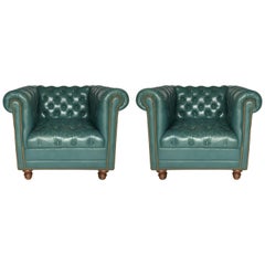 Vintage Teal Tufted Chesterfield Lounge Chairs