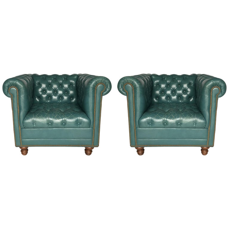 Vintage Teal Tufted Chesterfield Lounge Chairs For Sale At 1stdibs