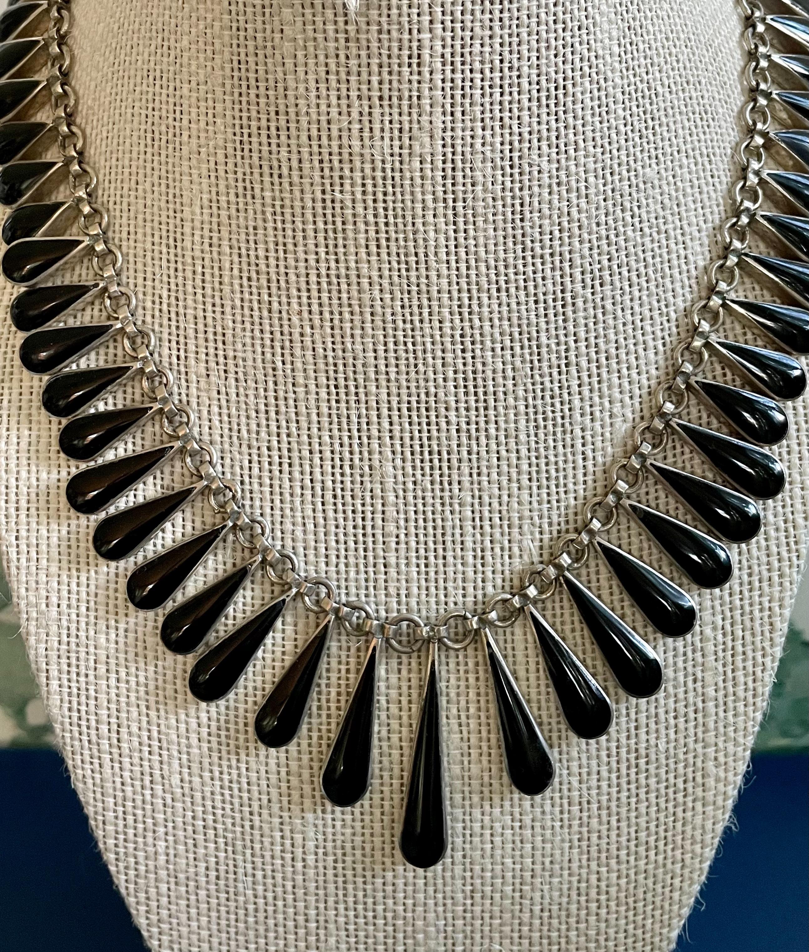 Vintage Teardrop Black Onyx Sterling Silber Girlande Halskette (Cabochon)