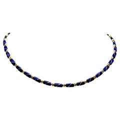 Collier à maillons vintage en or jaune 18 carats avec tablette en forme de lapis-lazuli