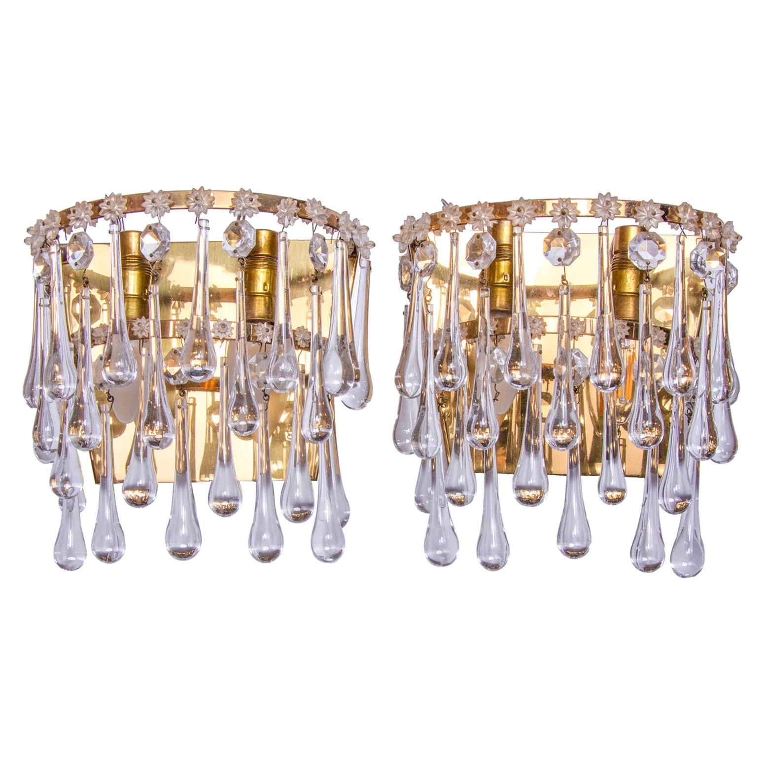 1960 Vintage Teardrop Wall Sconce Crystal Glass & Brass, Set of 2 For Sale