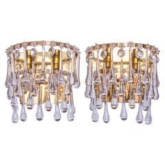 1960 Retro Teardrop Wall Sconce Crystal Glass & Brass, Set of 2