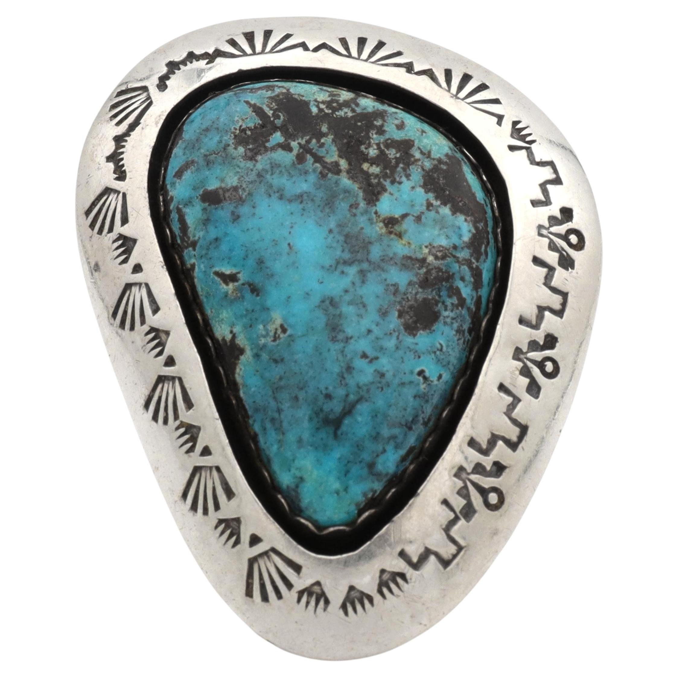 Vintage Teddy Goodluck Navajo Sterling Silver Turquoise Statement Ring For Sale