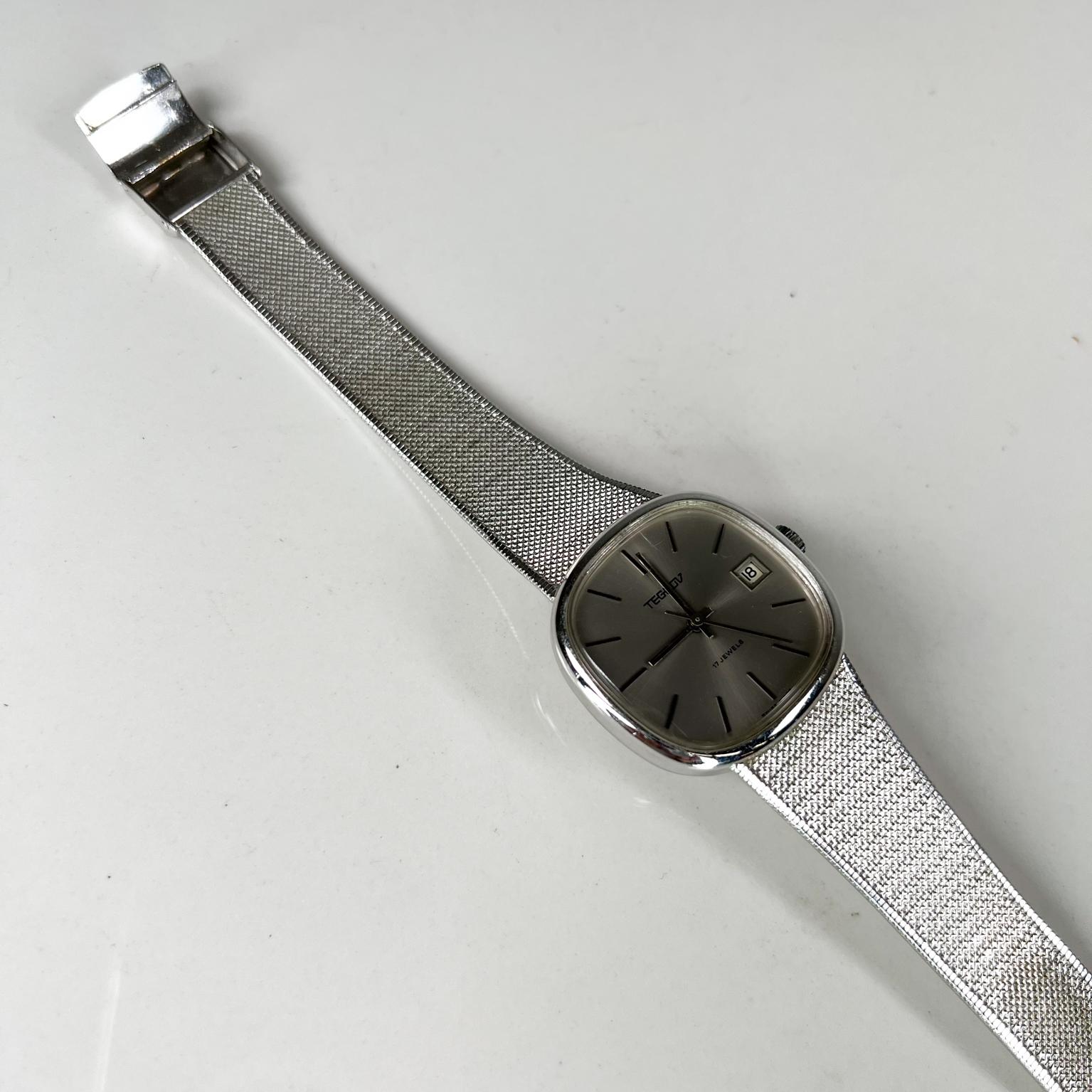 Vintage Tegrov Swiss Made Uhr Mechanische 17 Juwelen Edelstahl im Angebot 10