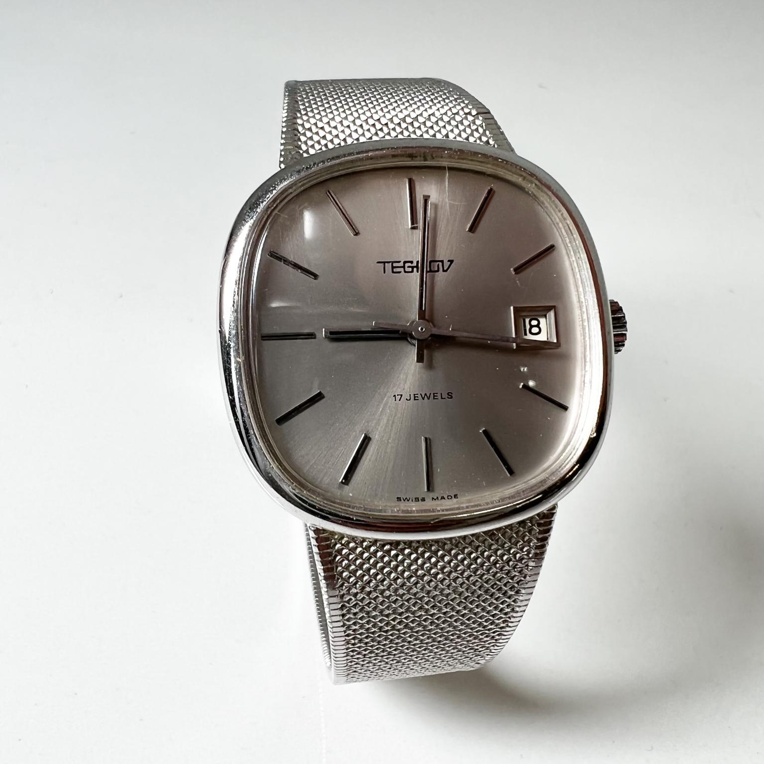 Vintage Tegrov Swiss Made Uhr Mechanische 17 Juwelen Edelstahl (Ende des 20. Jahrhunderts) im Angebot