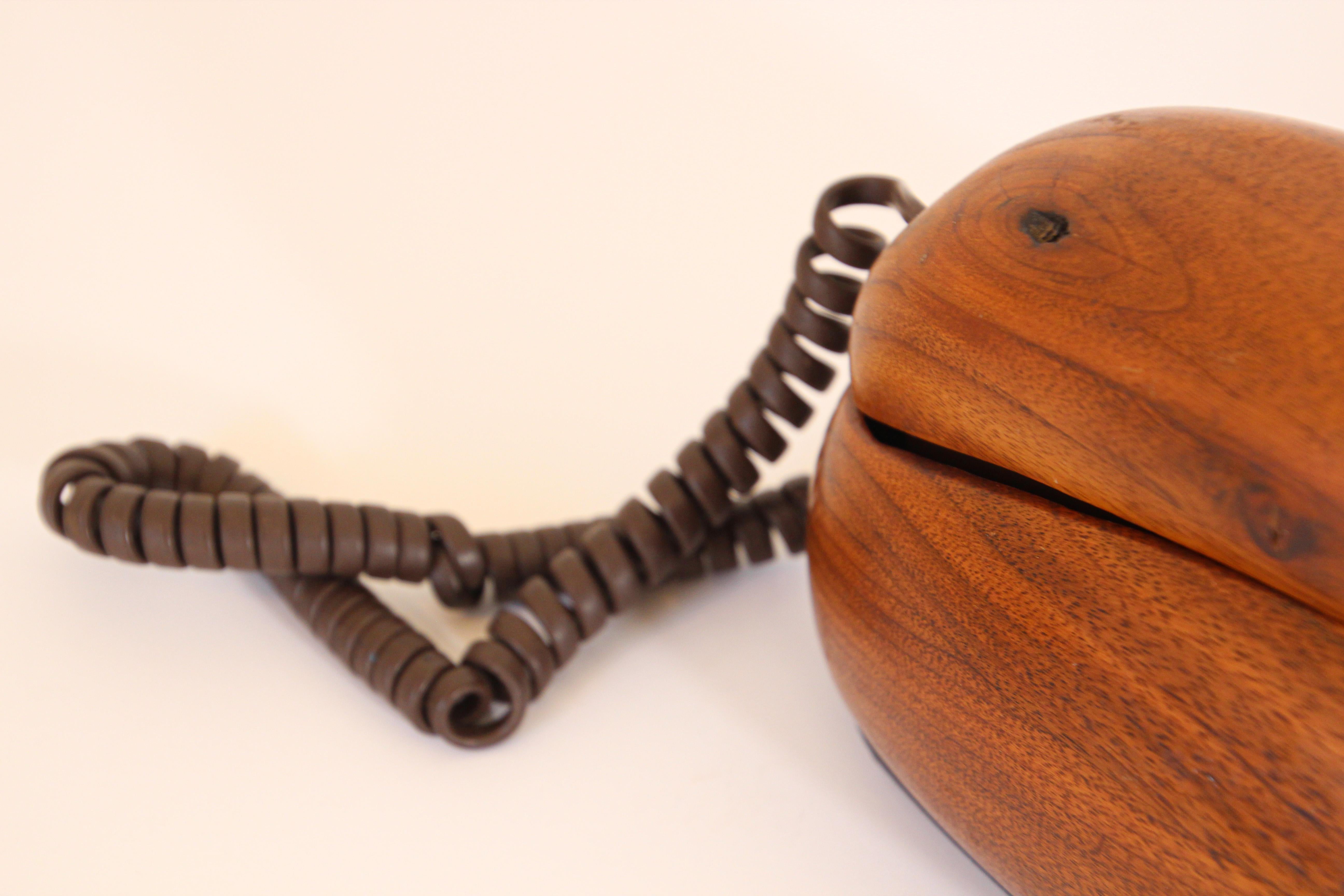 Hand-Crafted Vintage Telephone Covered in Wood, Organic Modern Style Retro Phone