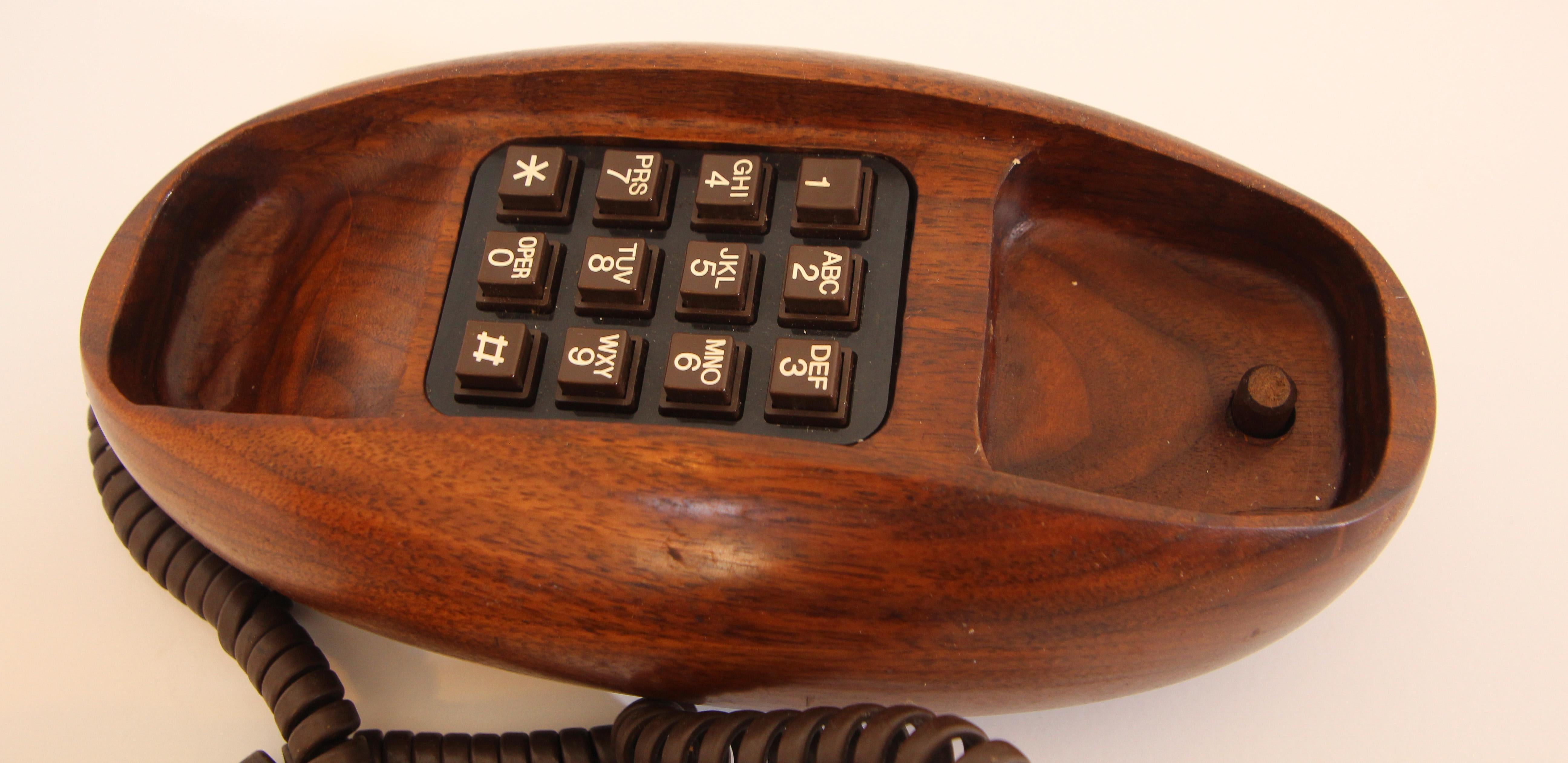 20th Century Vintage Telephone Covered in Wood, Organic Modern Style Retro Phone