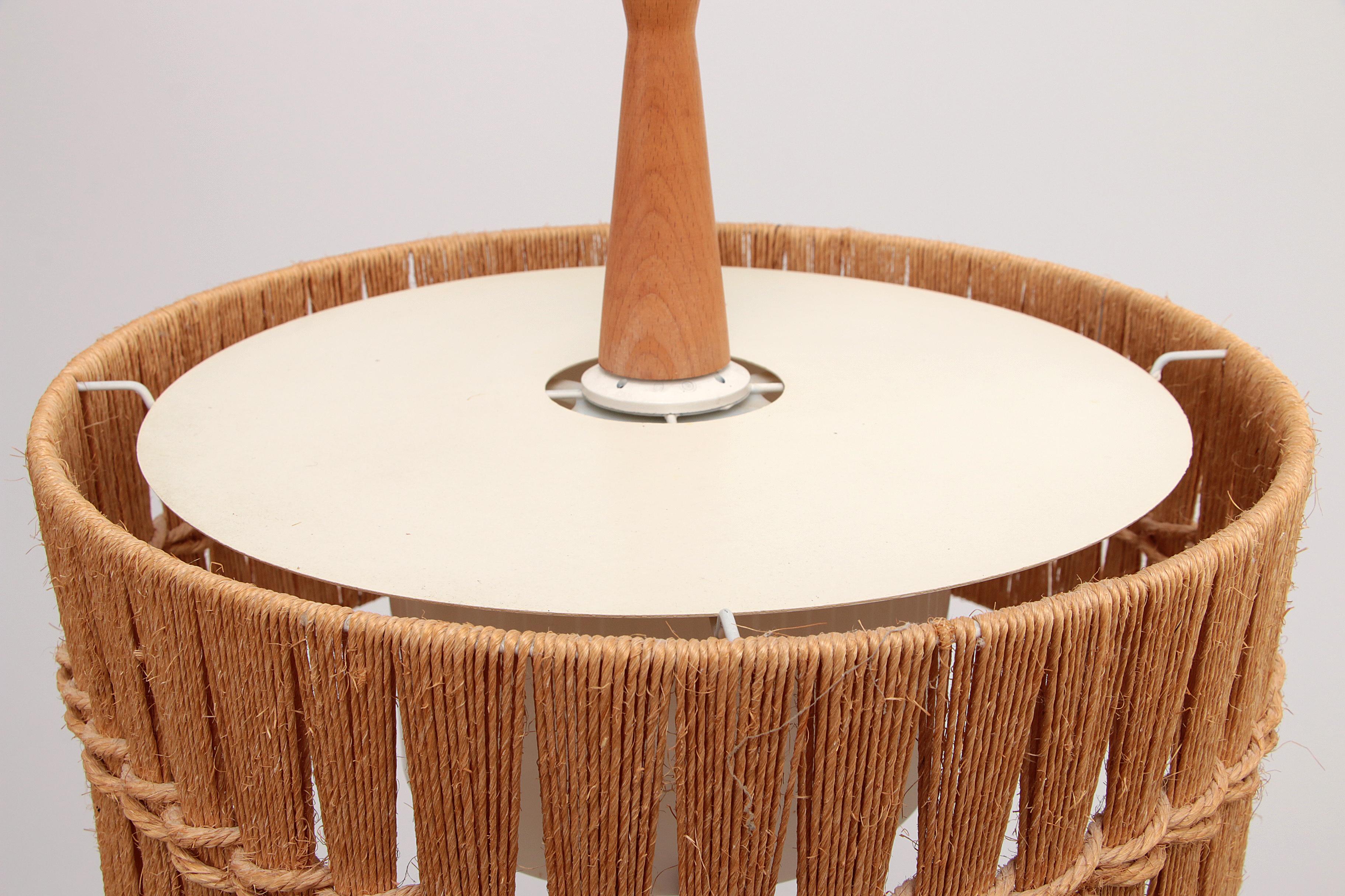 Vintage Temde Hanging Lamp with Teak and Raffia 1960s Germany For Sale 6