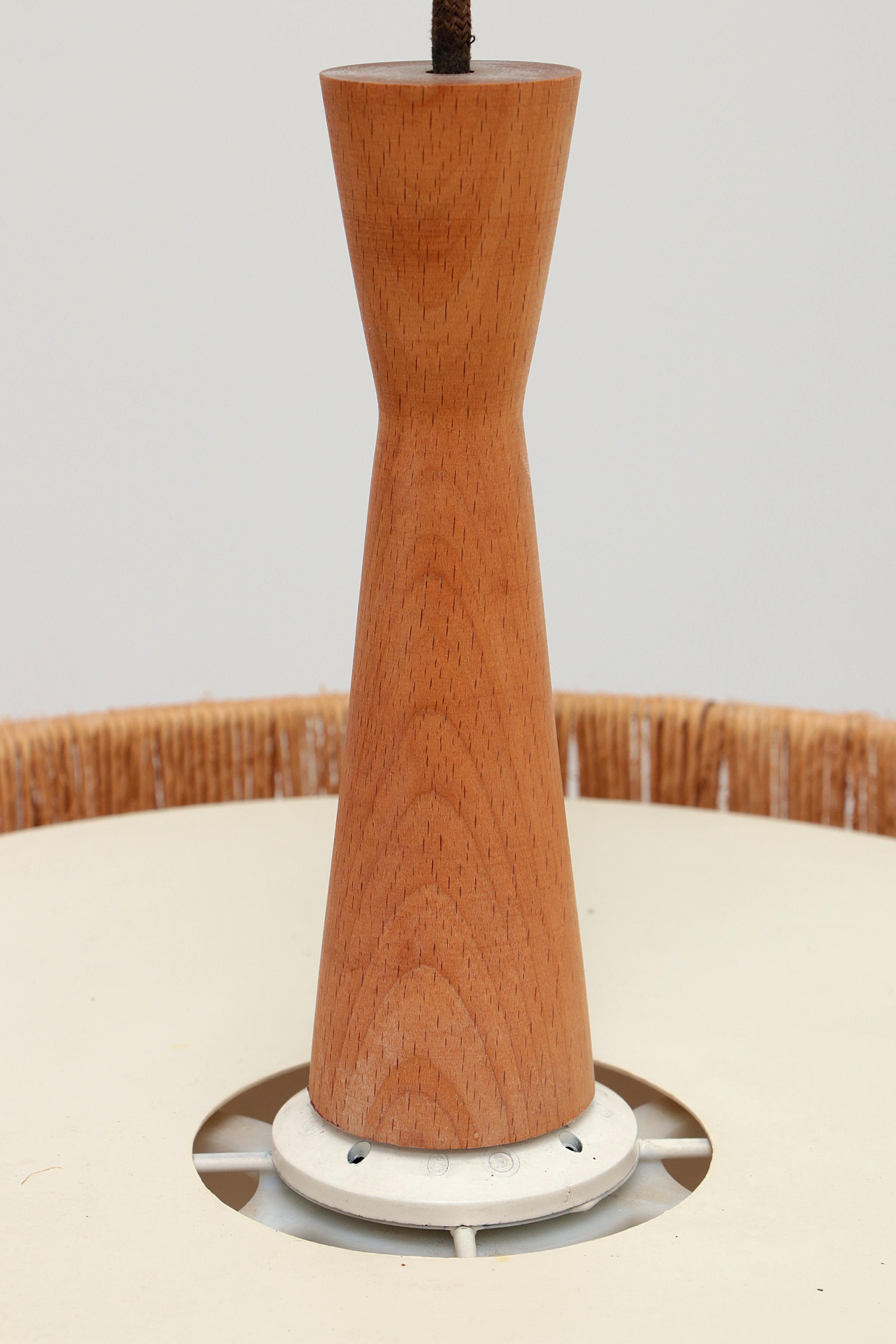 Vintage Temde Hanging Lamp with Teak and Raffia 1960s Germany For Sale 7