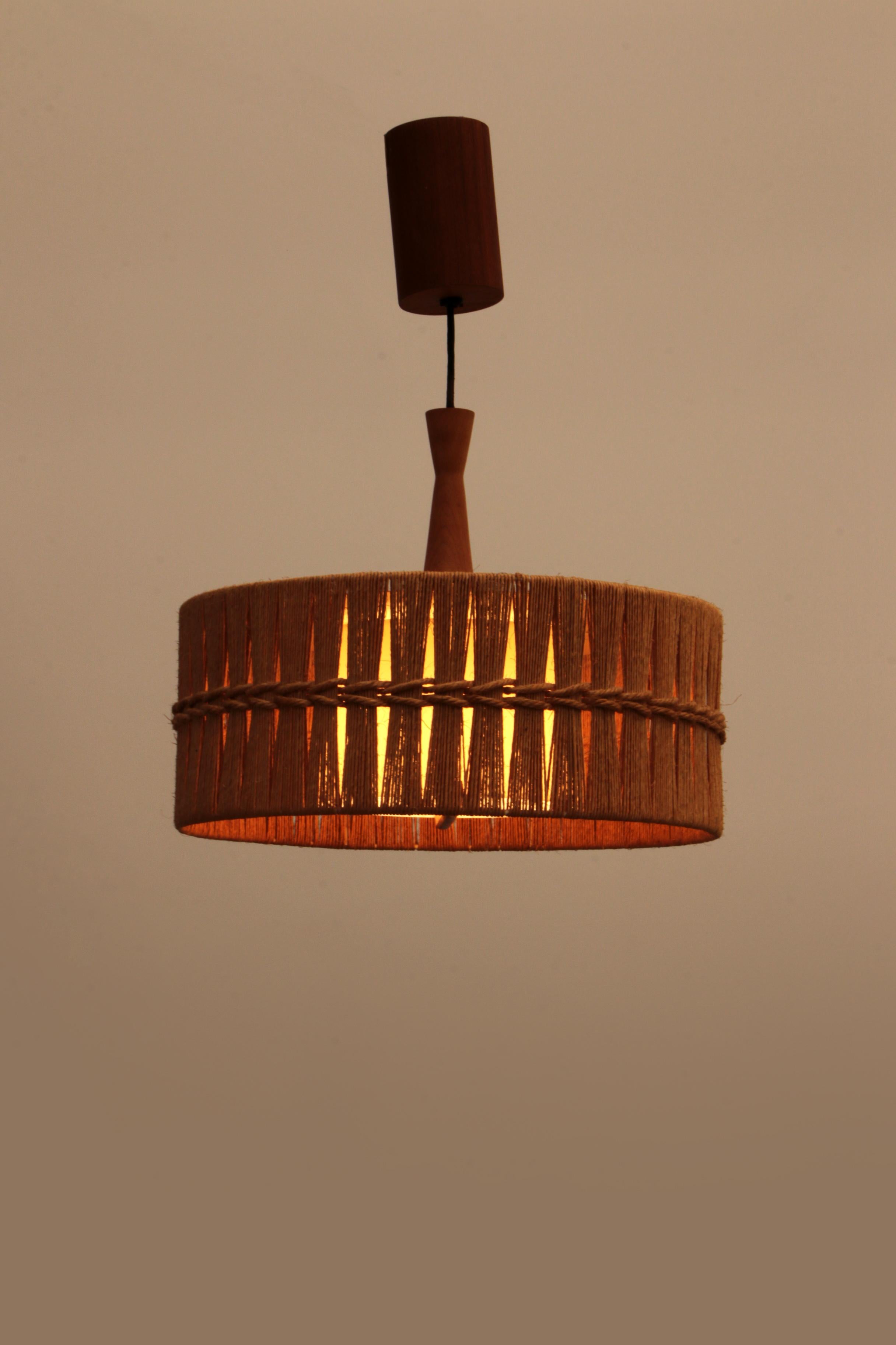 Mid-20th Century Vintage Temde Hanging Lamp with Teak and Raffia 1960s Germany For Sale