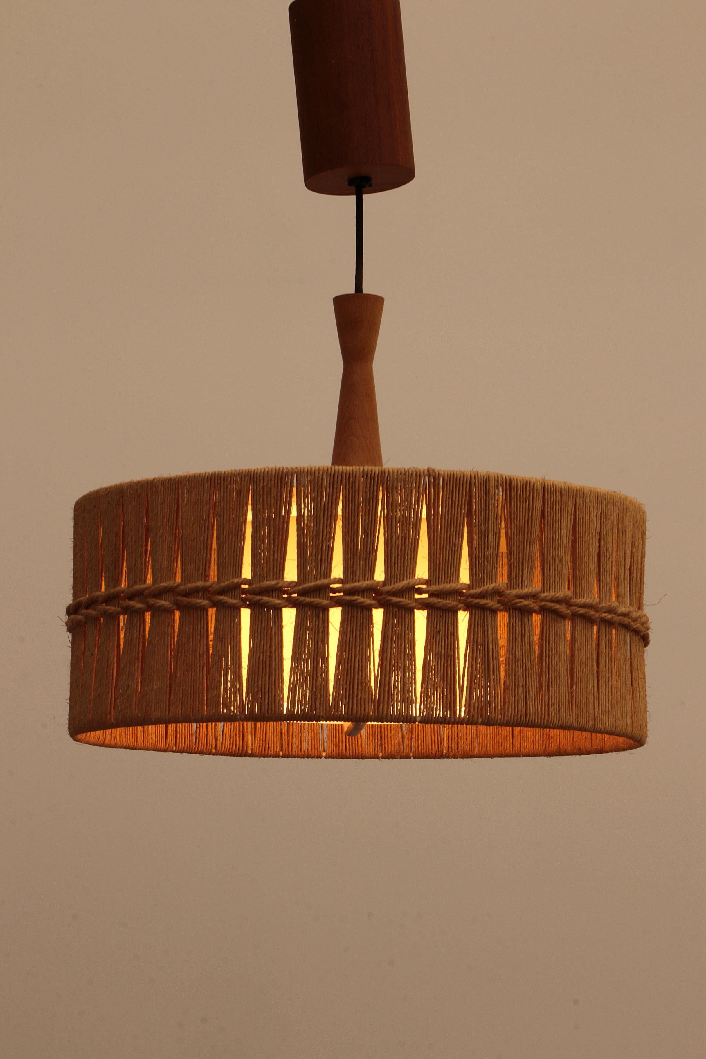 Vintage Temde Hanging Lamp with Teak and Raffia 1960s Germany For Sale 1