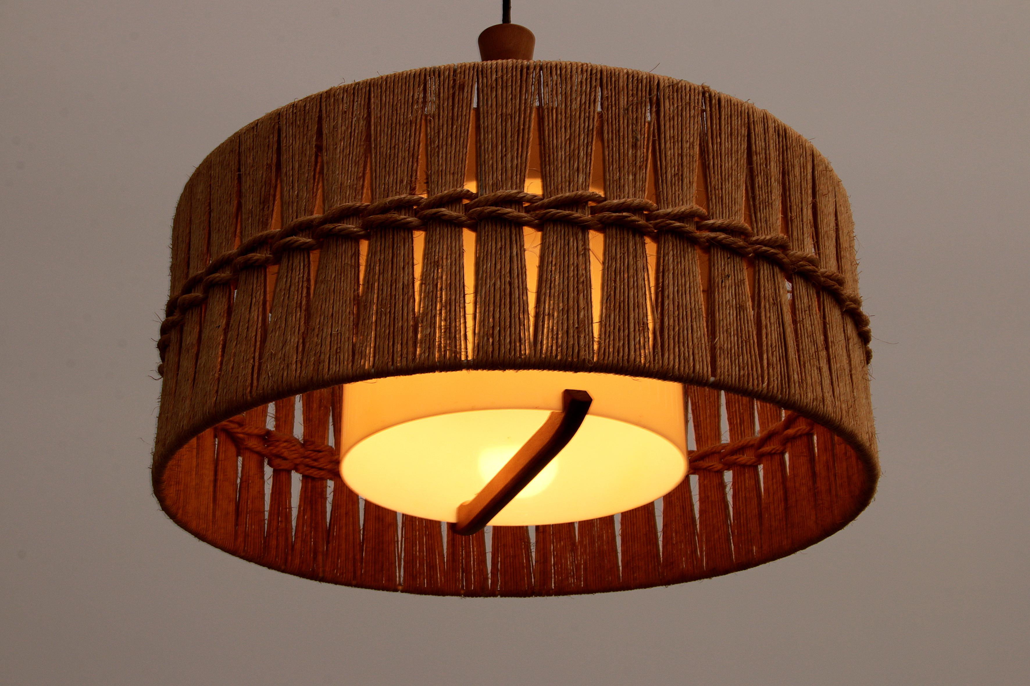 Vintage Temde Hanging Lamp with Teak and Raffia 1960s Germany For Sale 2