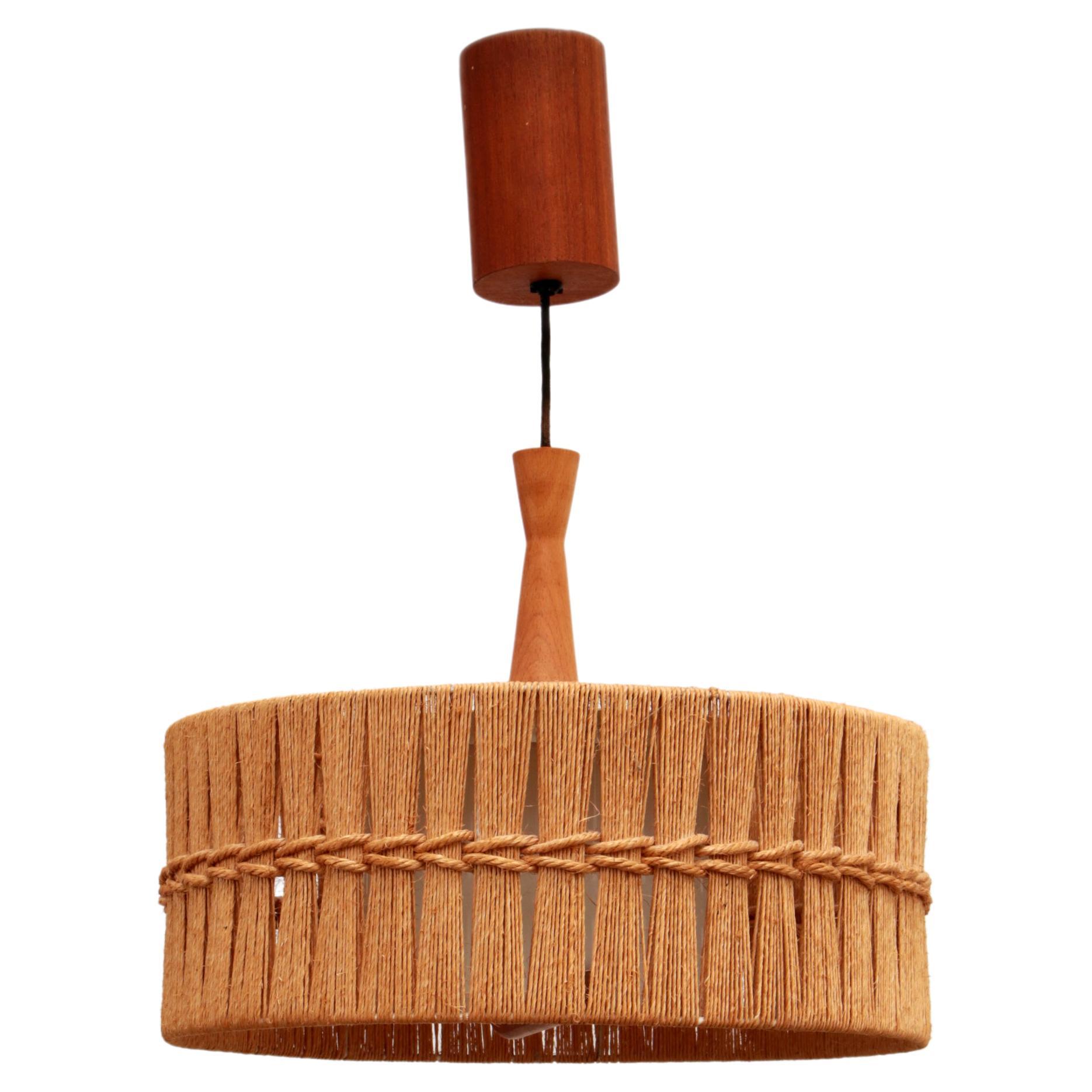 Vintage Temde Hanging Lamp with Teak and Raffia 1960s Germany For Sale
