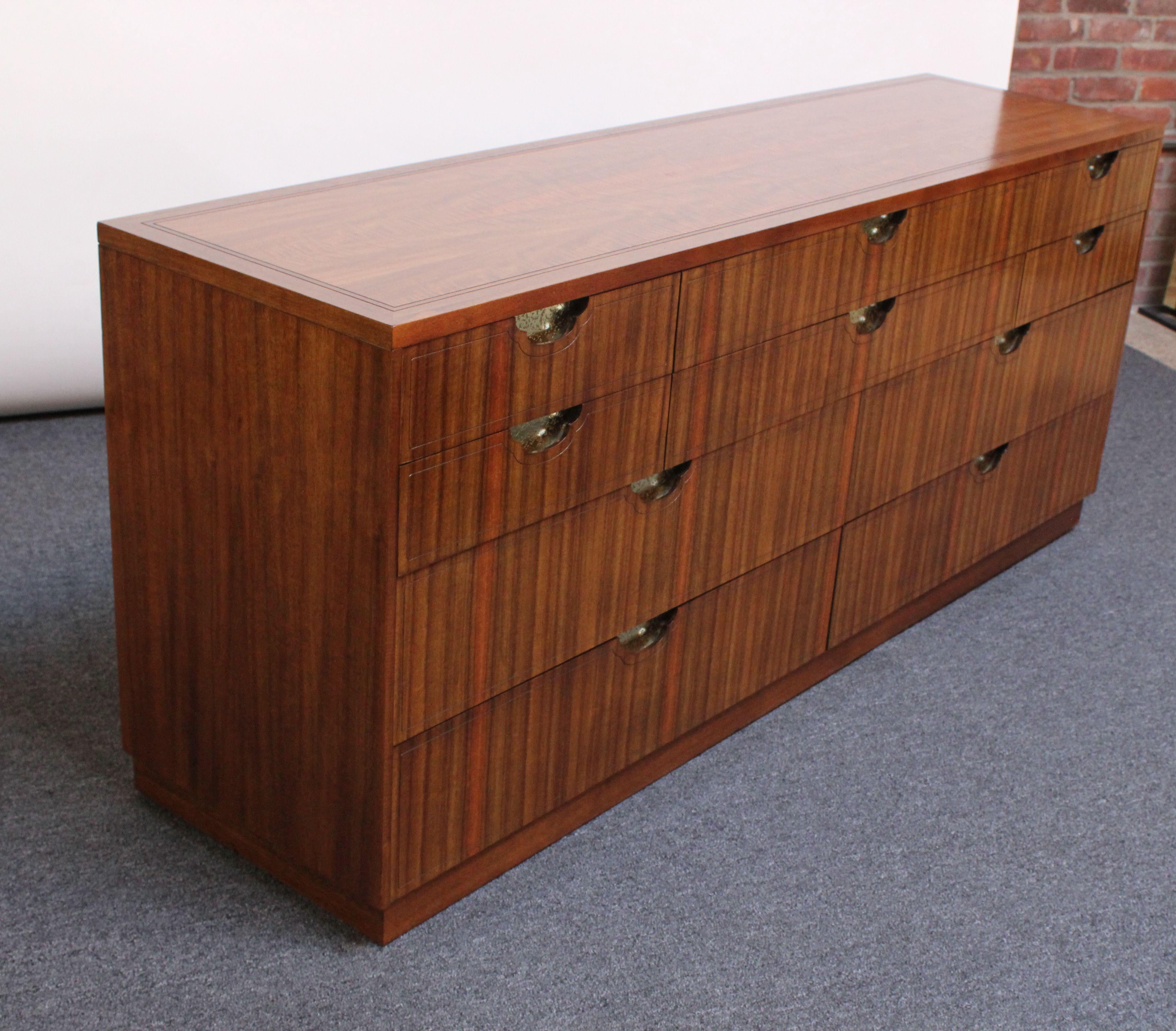 Vintage Ten-Drawer Walnut and Brass Chest / Dresser by Baker For Sale 13