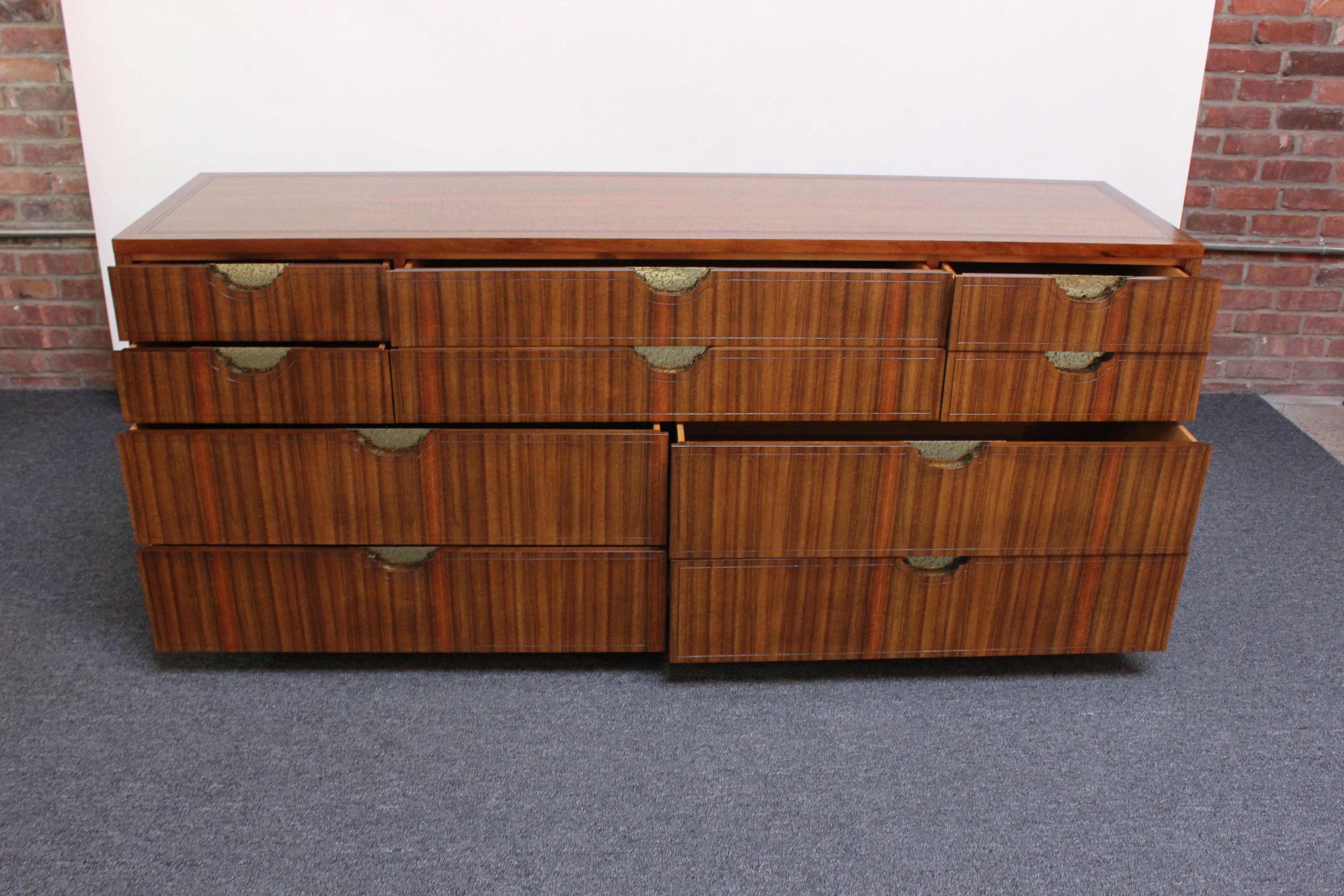 Mid-Century Modern Vintage Ten-Drawer Walnut and Brass Chest / Dresser by Baker For Sale