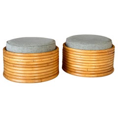 Vintage Ten Strand Stacked Rattan Ottomans Top Swivels-Pair