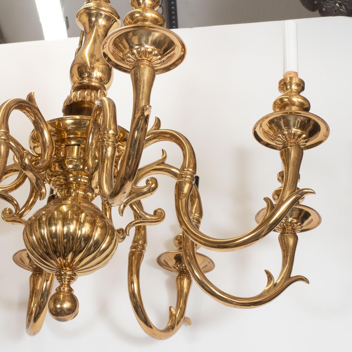 Vintage Tendril Motif Cast Brass Chandelier In Good Condition For Sale In Tarrytown, NY