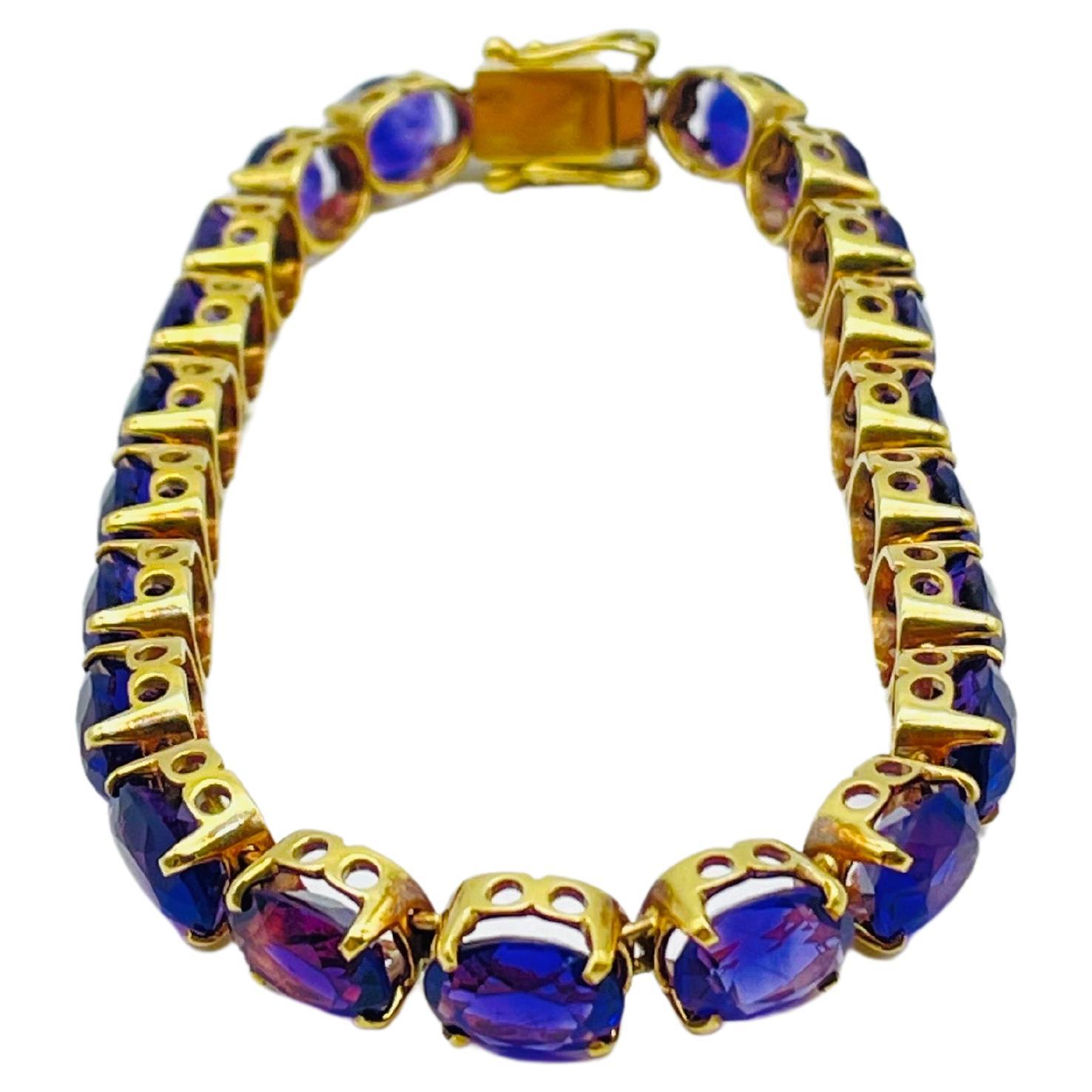 vintage tennis braclet 14k yellow gold bracelet with amethysts For Sale