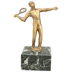 Vintage Tennis Figure, Statue in Brass on Plinth