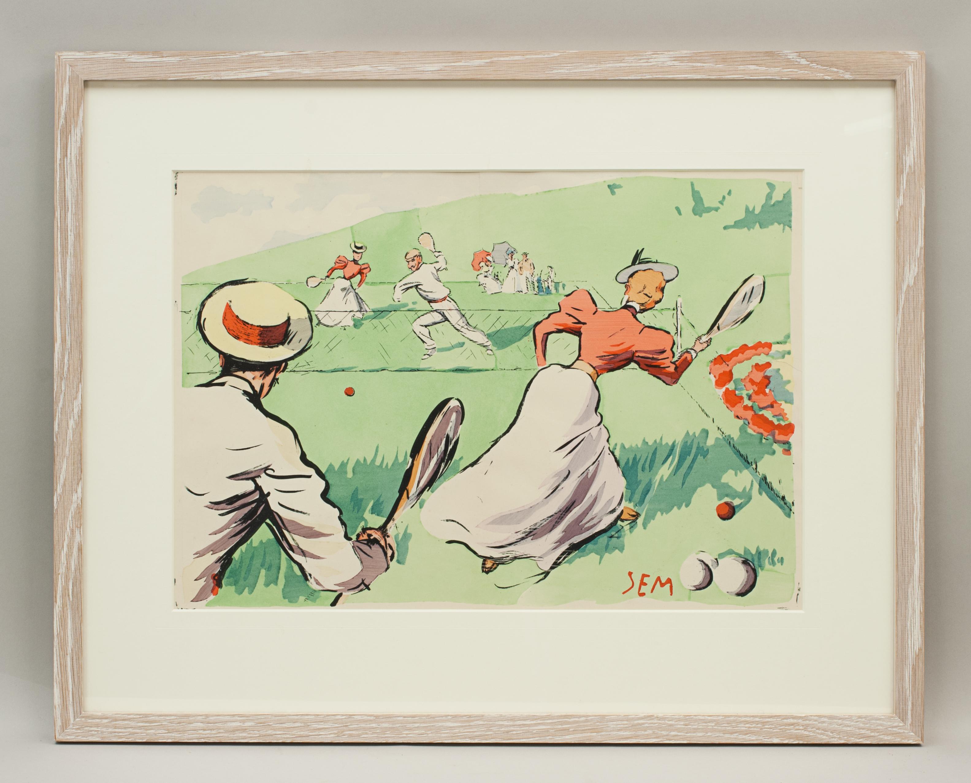 Caricaturist Lawn Tennis Print By SEM (Georges Goursat).
An extremely rare tennis chromolithograph by the outstanding French caricaturist artist Georges Goursat (1863-1934), known as Sem. The colourful tennis print depicts a mixed foursome match in