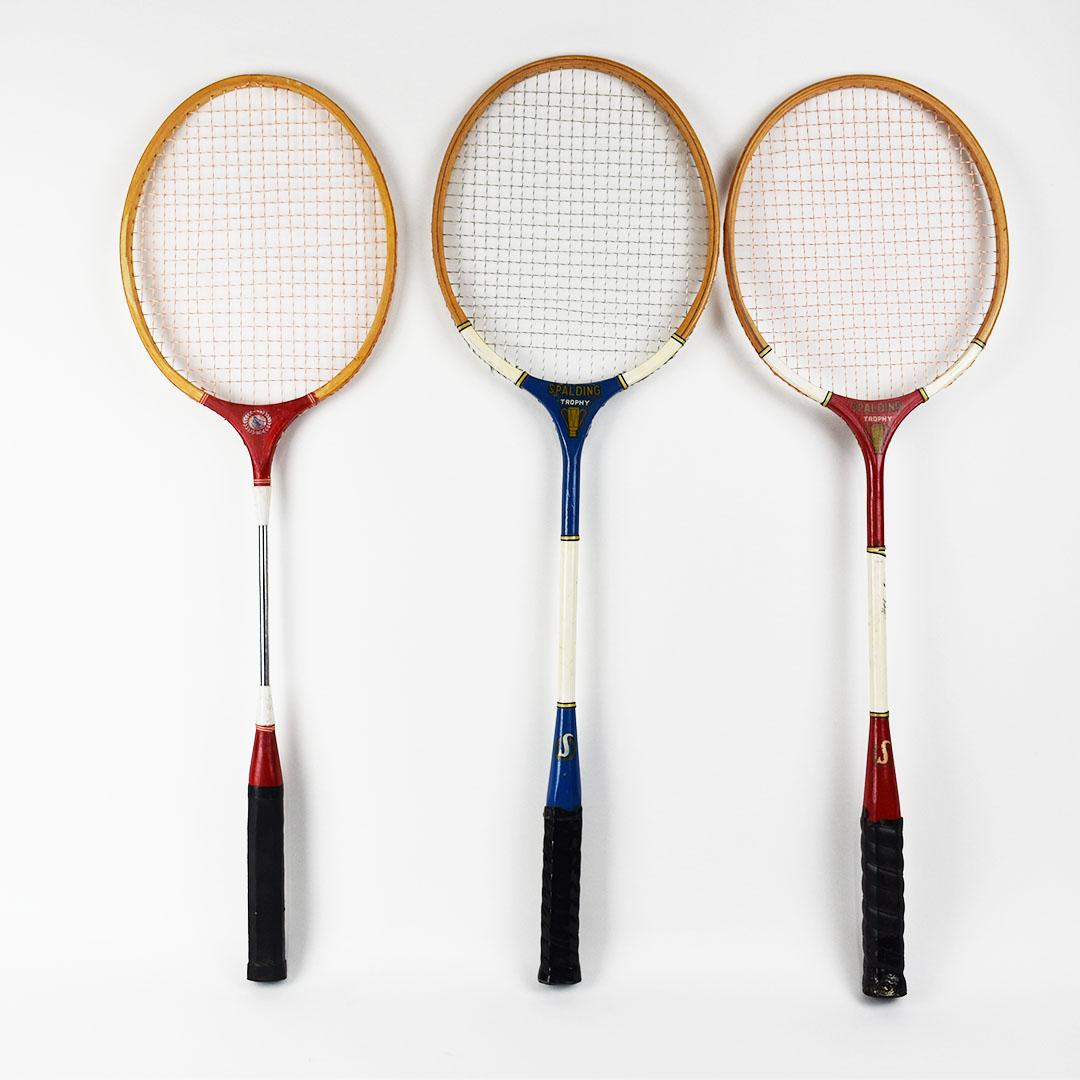 Vintage set of three tennis rackets in red white and blue. This would make a great focal point hung on a wall or perhaps for using them for their intended purpose!

Measures: 25.75