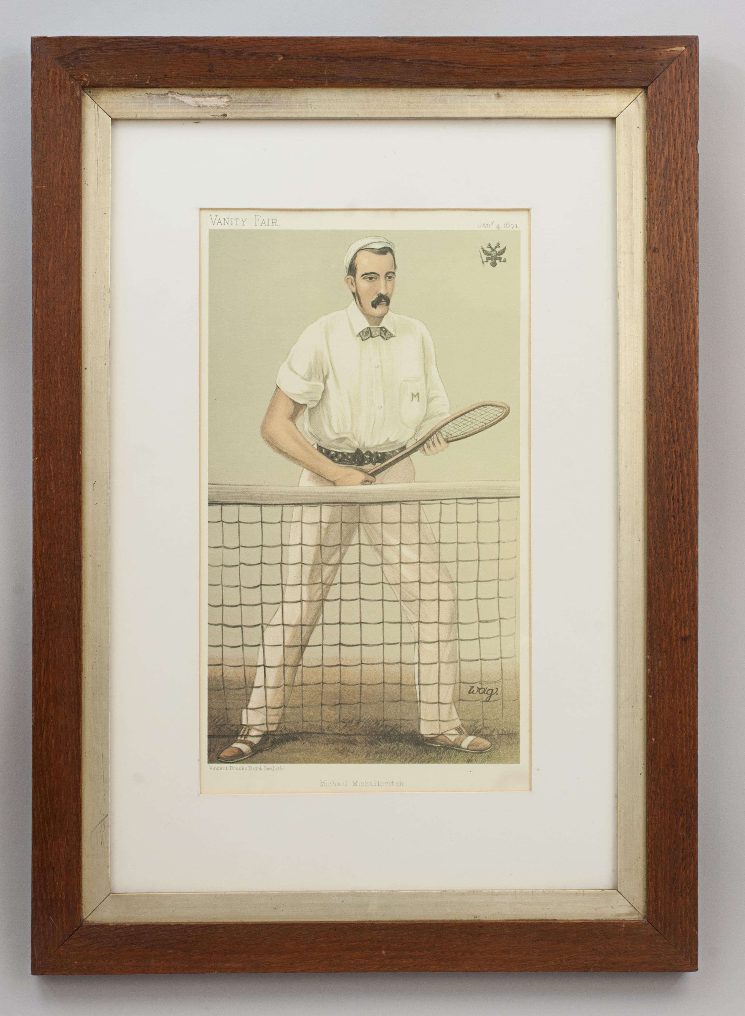 Vanity Fair Lawn Tennis, Michael Michailovitch, Grand Duke of Russia.
A chromolithograph tennis print published 4th Jan, 1894, by Vincent Brooks, Day & Son Ltd. Lith., for Vanity Fair. The picture is titled 'Michael Michailovitch' and is an original