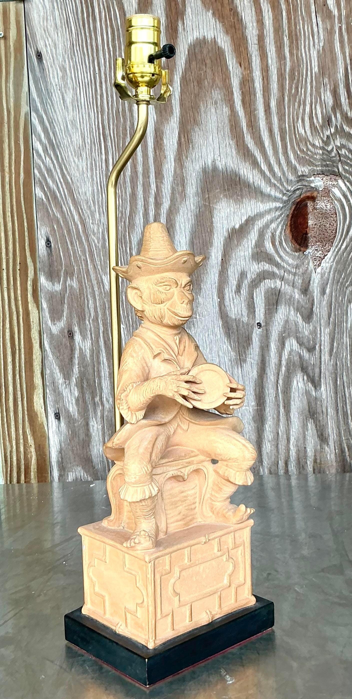Illuminate Your Space with Whimsy and Charm: Vintage Terracotta Monkey Lamp

Add a touch of eclectic charm to your home with this uniquely crafted Vintage Terracotta Monkey Lamp. Perfect for art collectors or those looking to bring a playful and