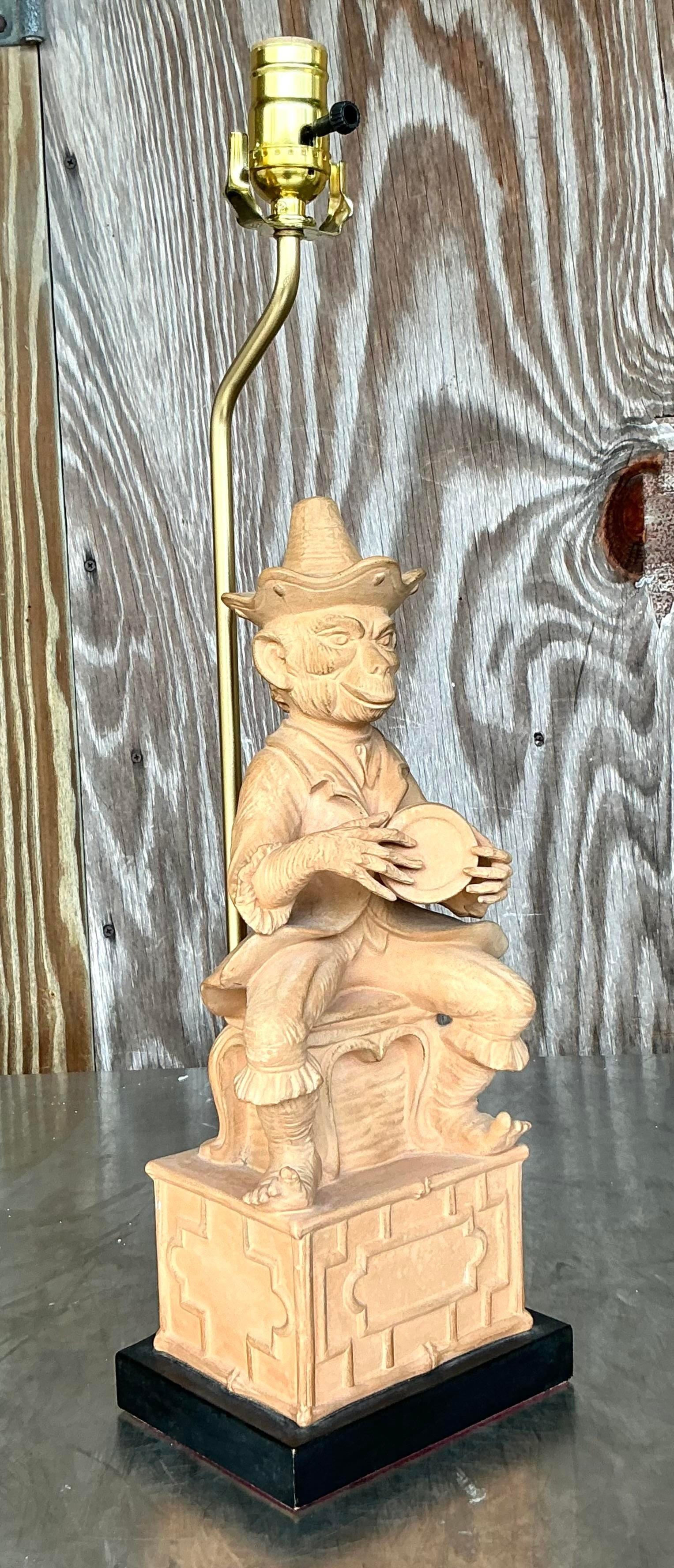Rustic Vintage Terra Cotta Monkey Lamp For Sale
