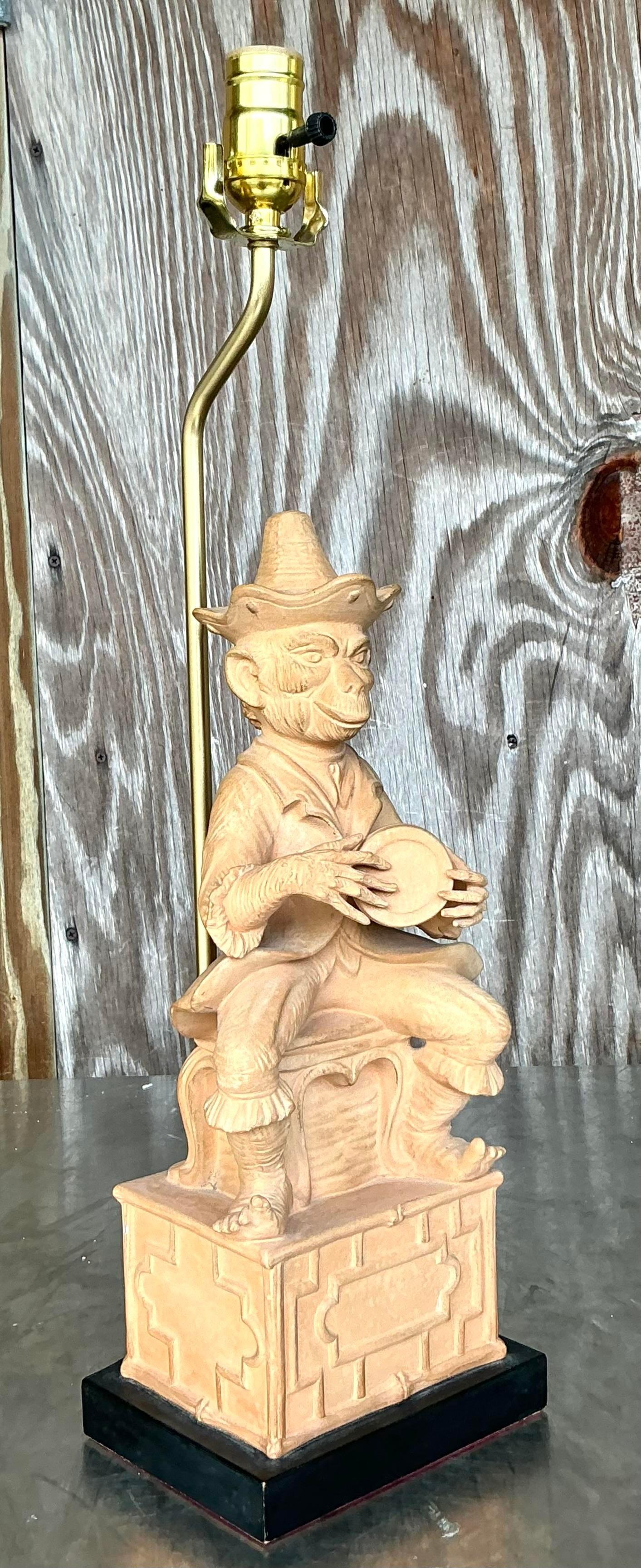 American Vintage Terra Cotta Monkey Lamp For Sale