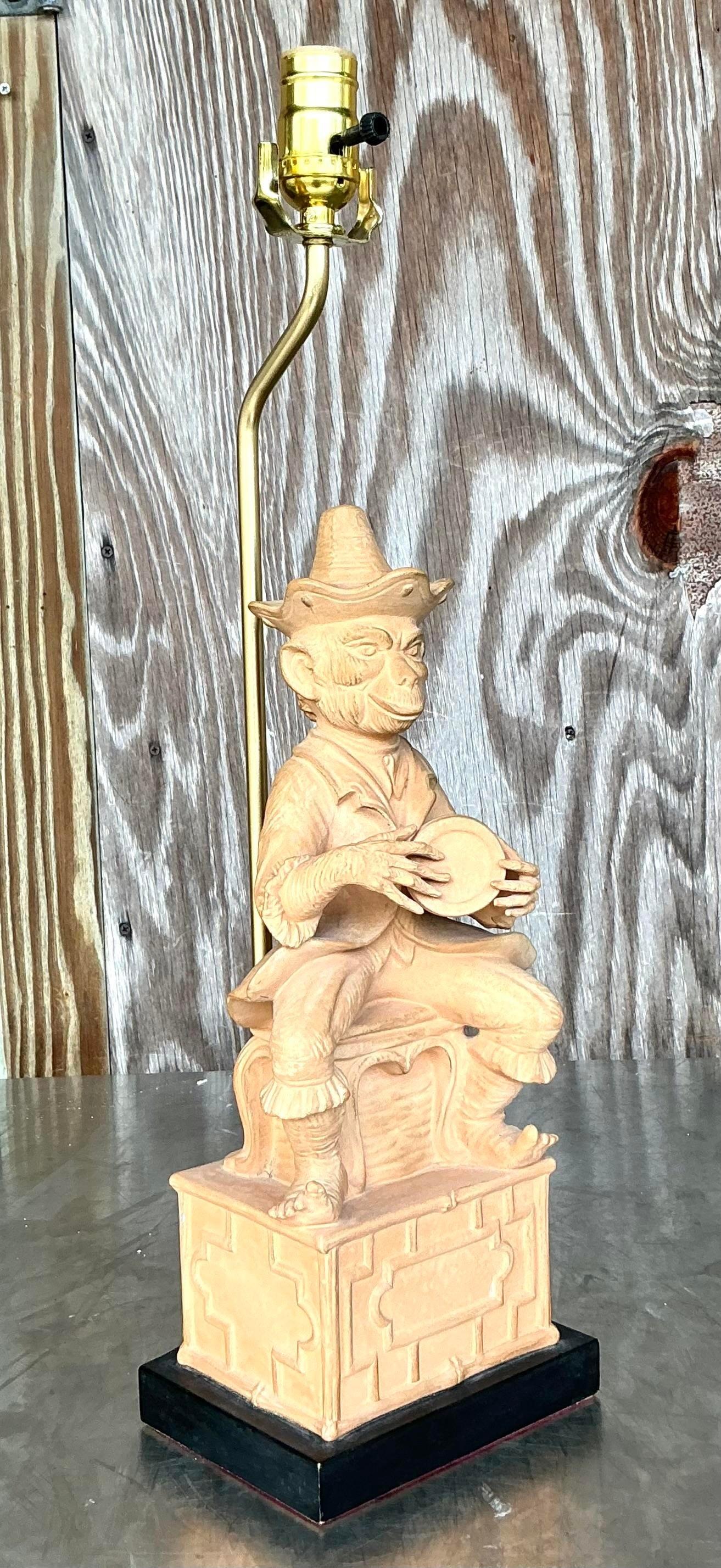 Vintage Terra Cotta Monkey Lamp In Good Condition For Sale In west palm beach, FL