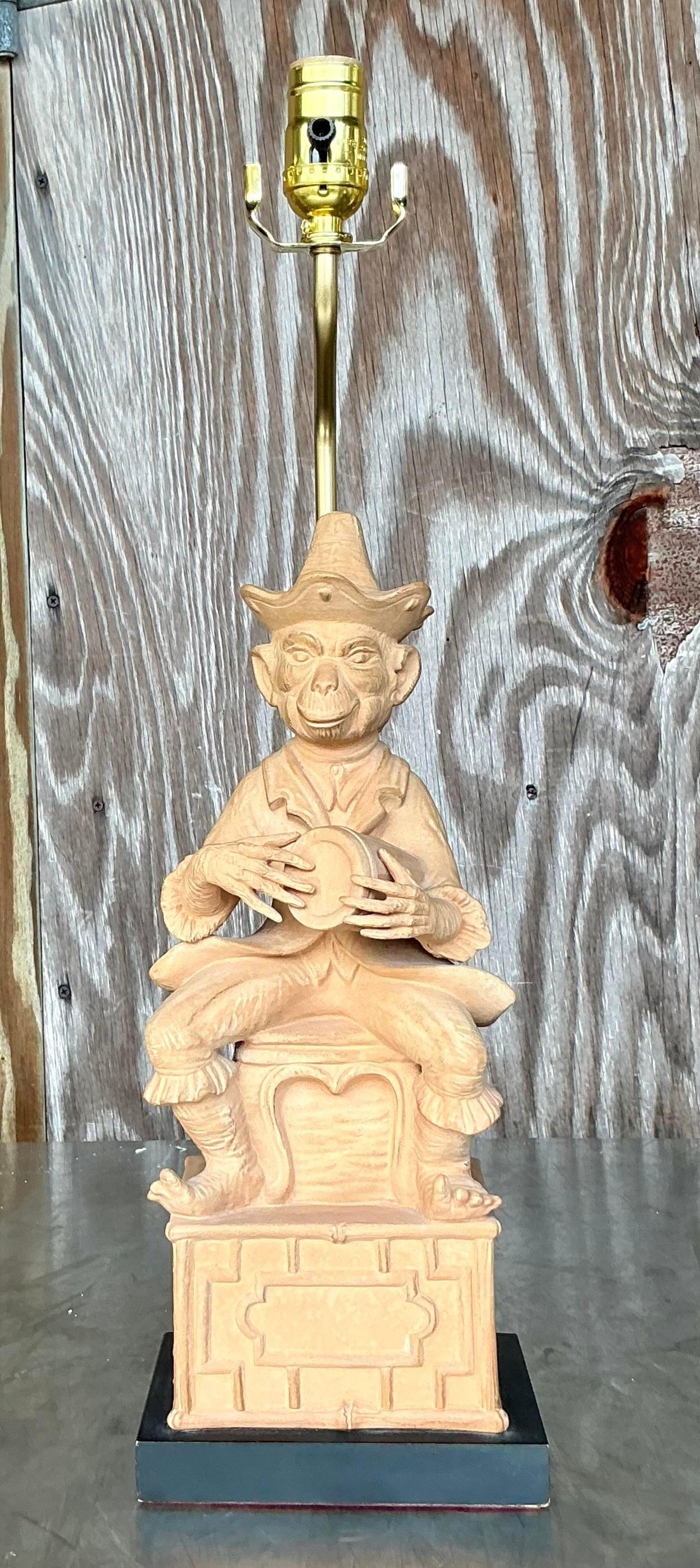 20th Century Vintage Terra Cotta Monkey Lamp For Sale