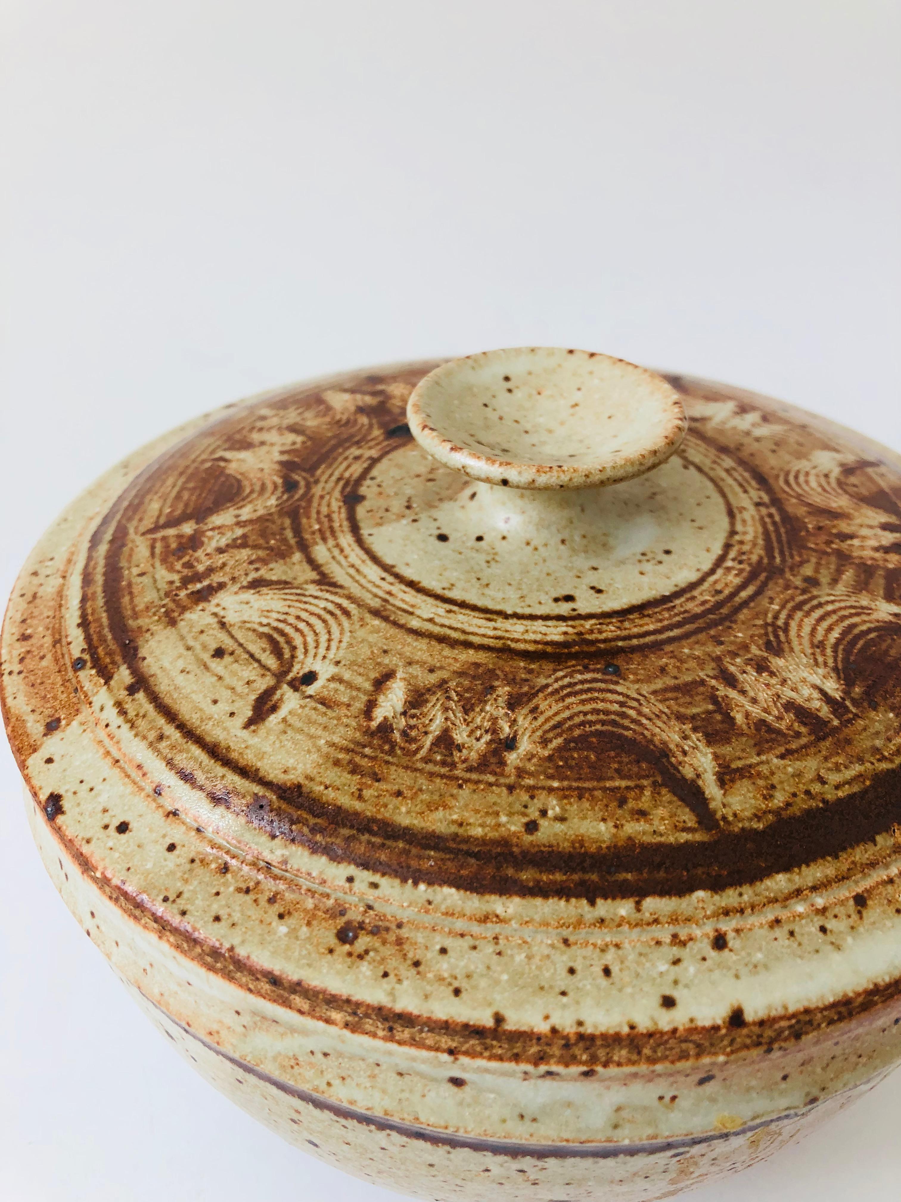 Bohemian Vintage Terra Cotta Studio Pottery Lidded Serving Bowl For Sale
