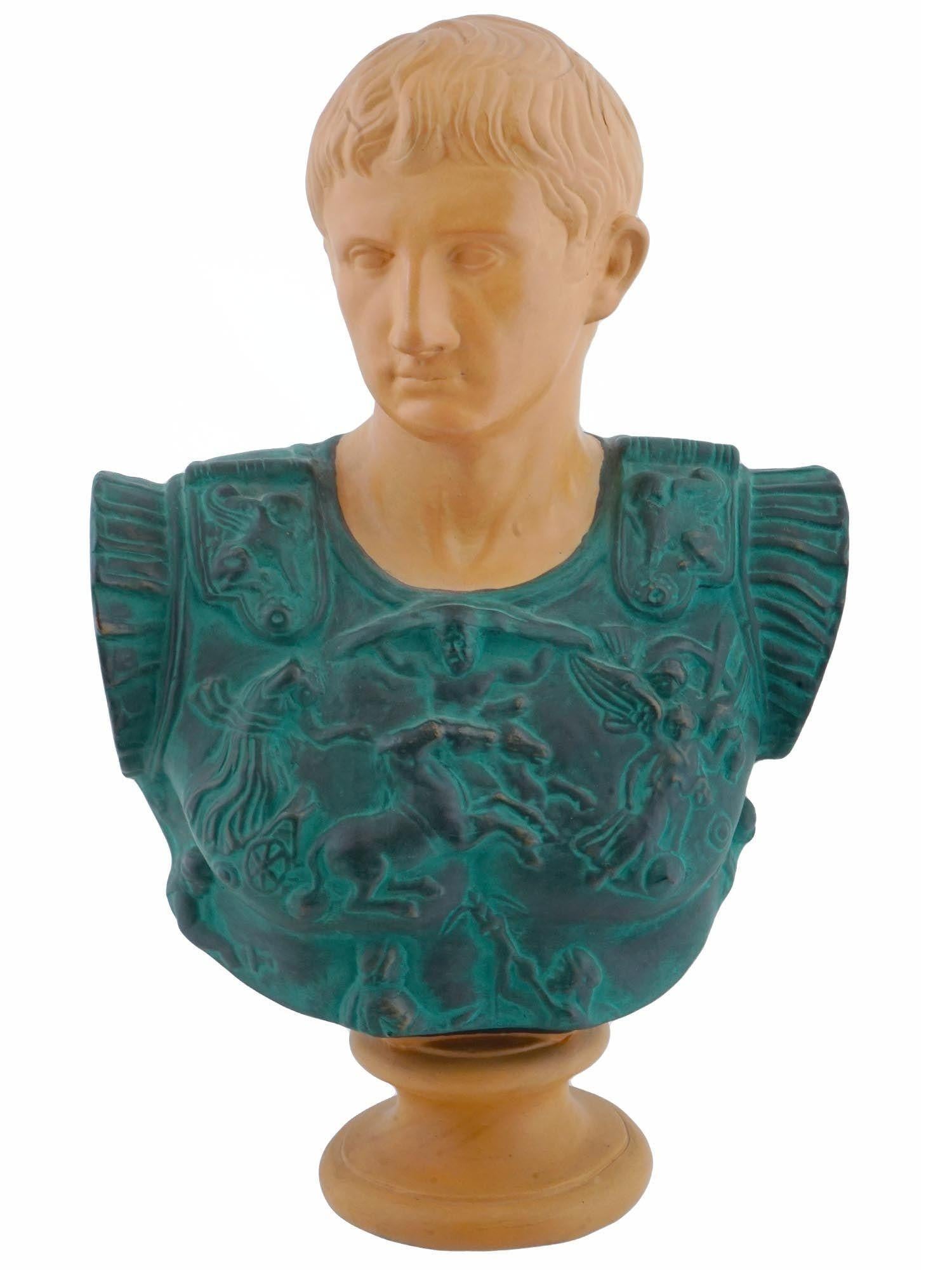 Ceramic Vintage Terracotta Bust Sculpture of Roman Emperor Caesar Augustus