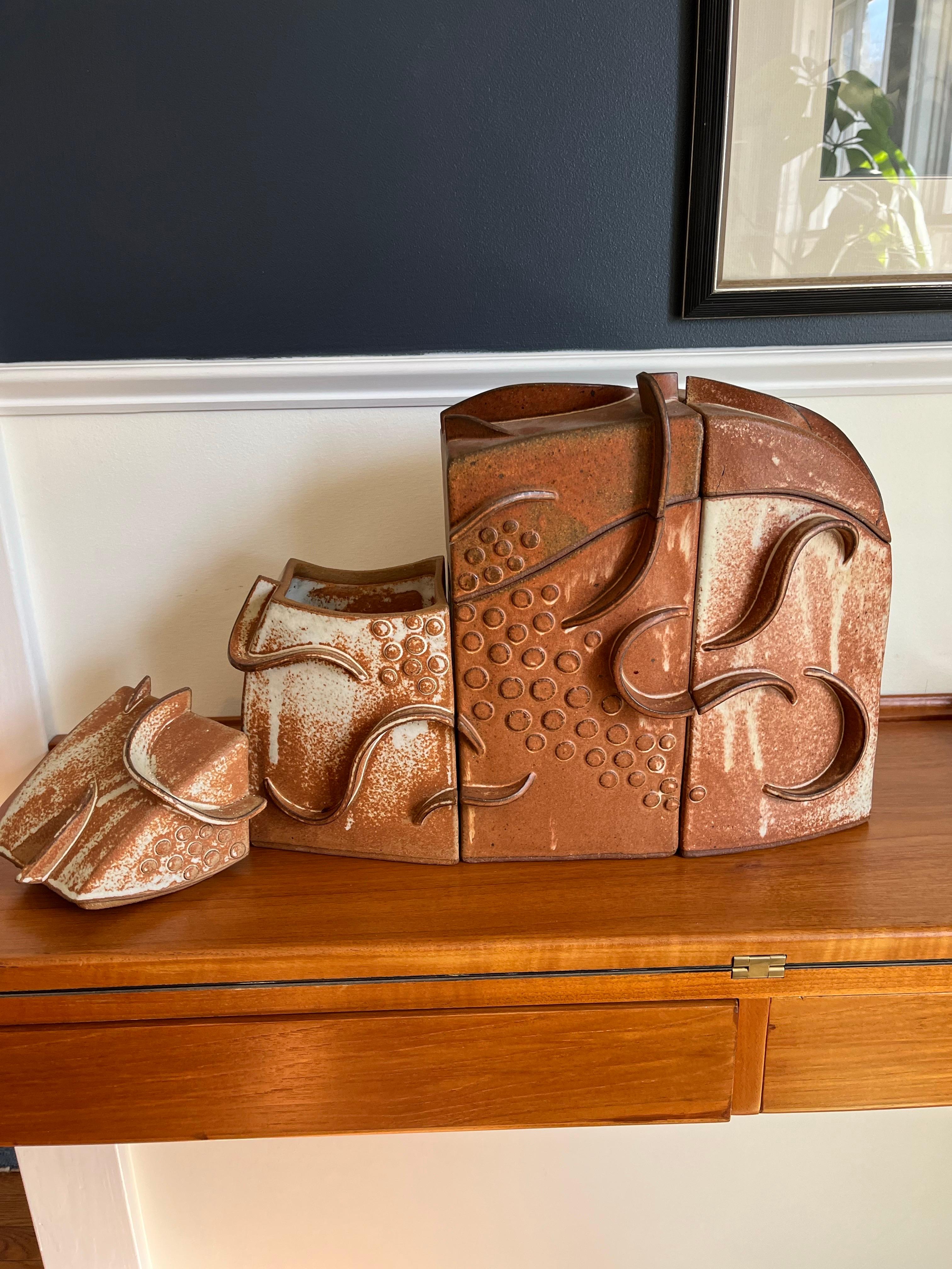 20th Century Vintage Terracotta Canister Set Abstract Artist Signed For Sale