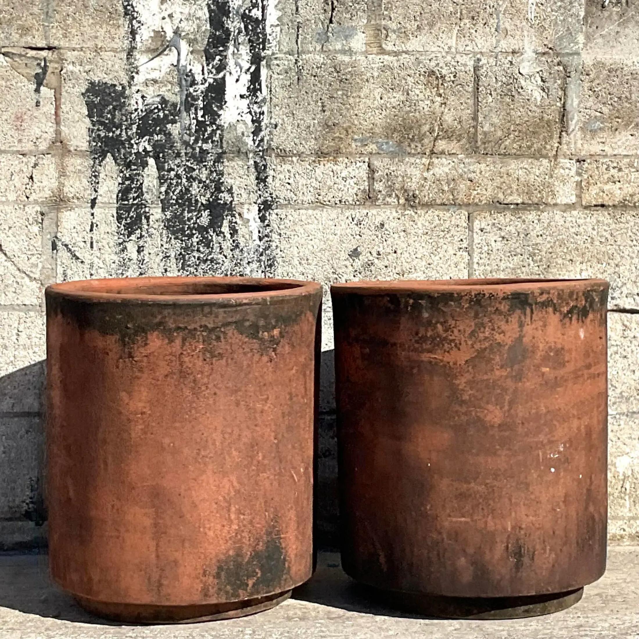 Bohemian Vintage Terracotta Cylinder Planters -Pair For Sale
