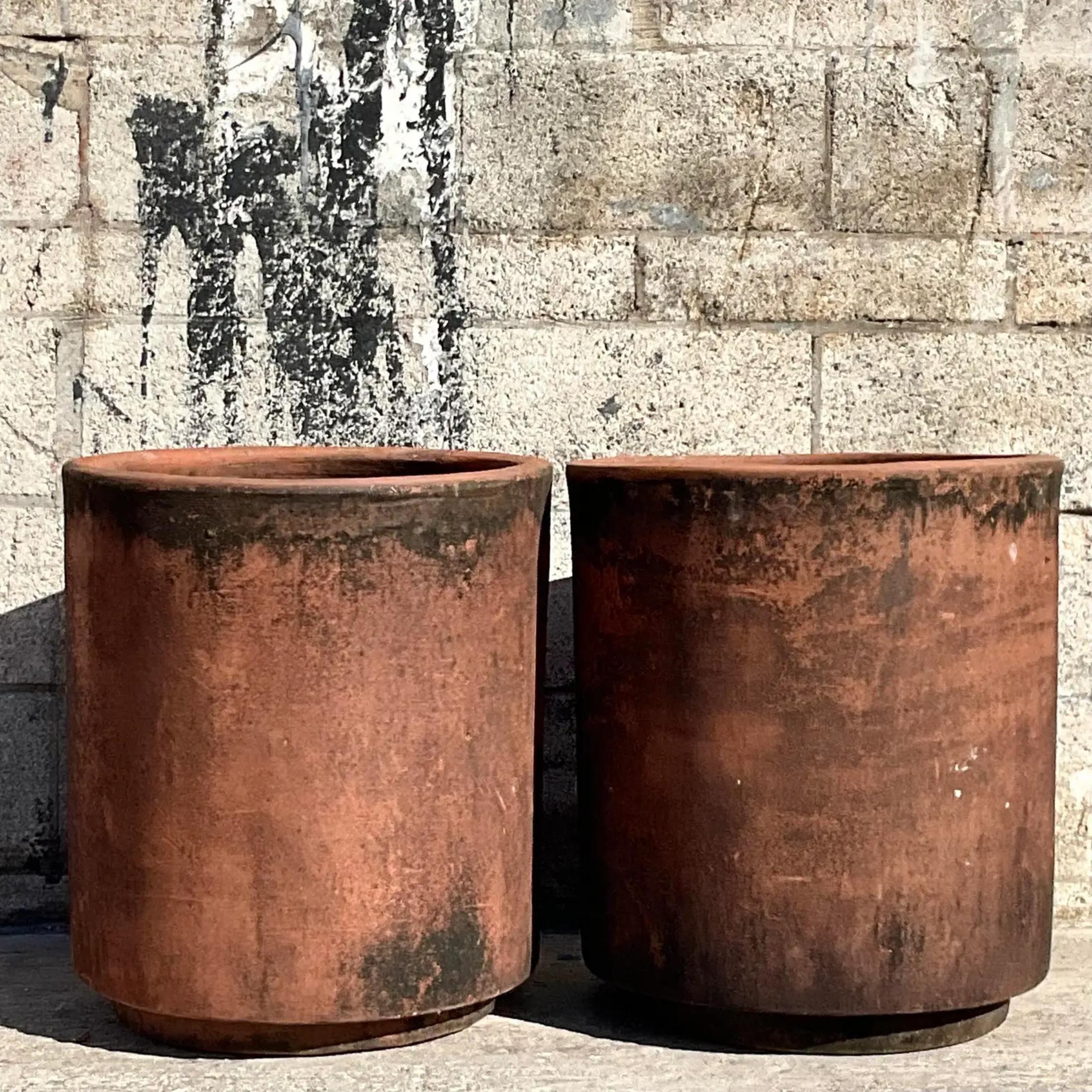 20th Century Vintage Terracotta Cylinder Planters -Pair For Sale