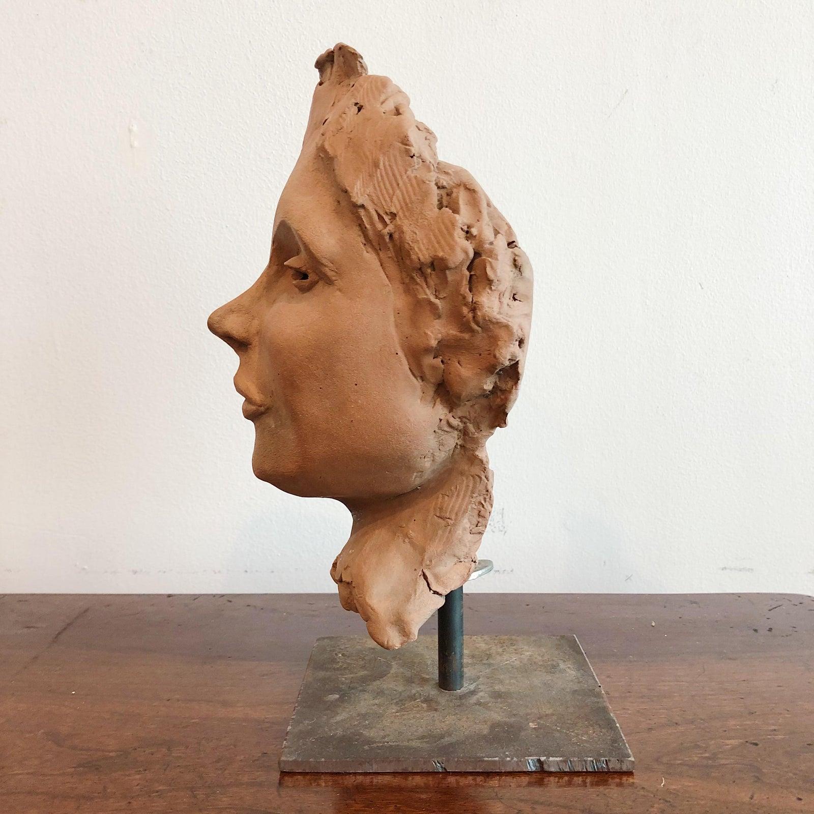 Mid-Century Modern Vintage Terracotta Female Head Sculpture on Custom Stand